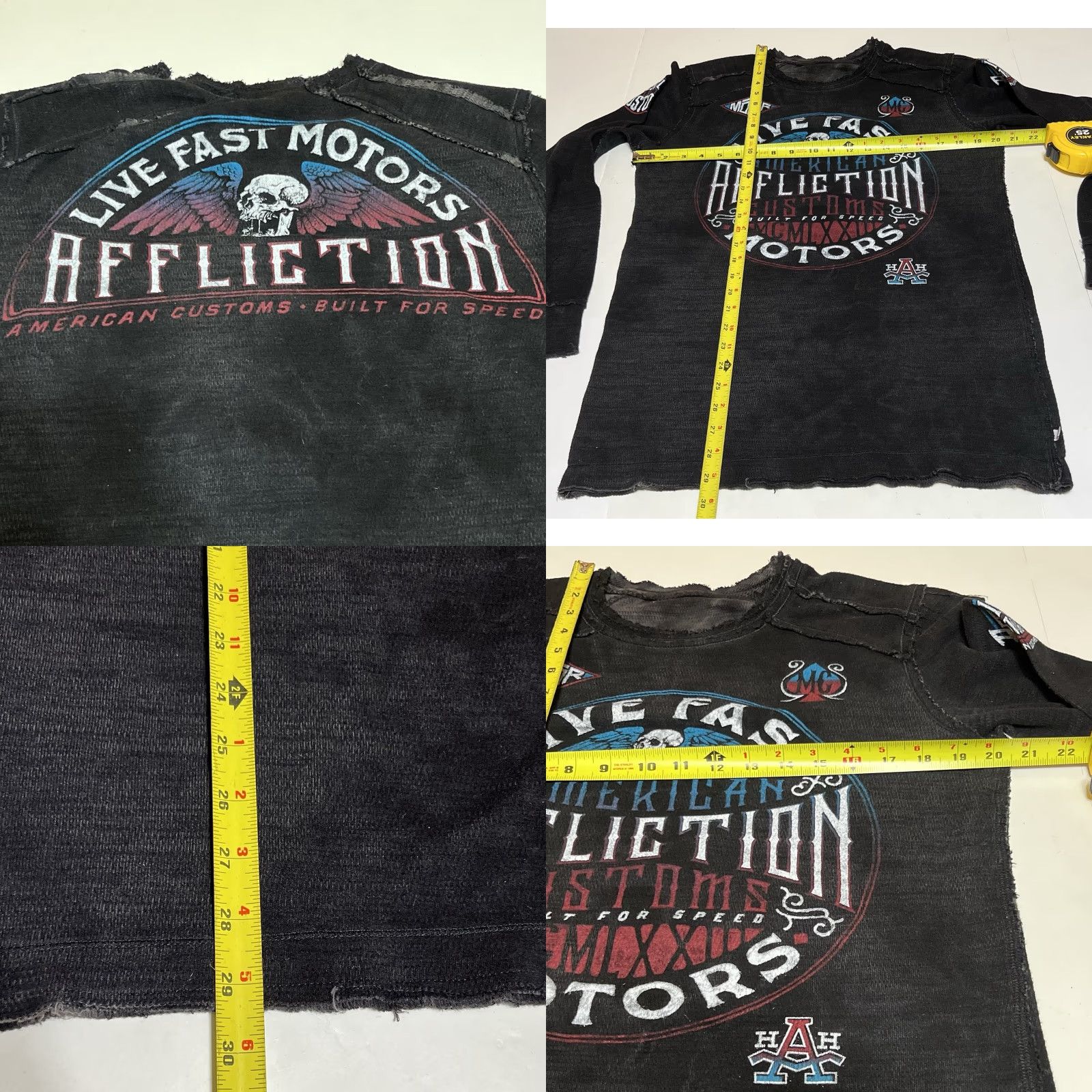 VINTAGE Affliction Shirt Mens L Black Thermal Long Sleeve Reversible Distressed Y2K Graphic Print Skull Grunge Emo Goth T-Shirt Crew Neck