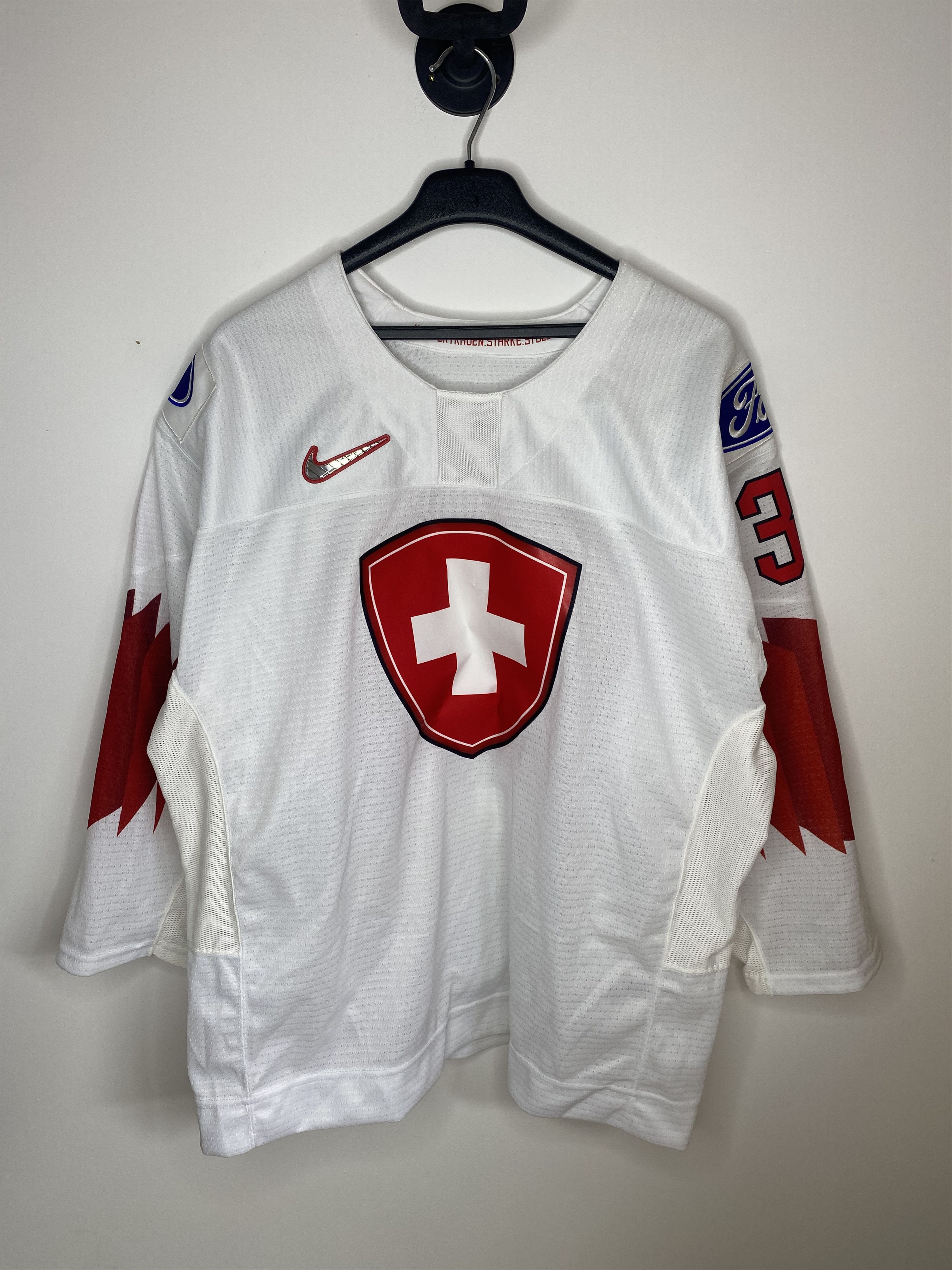 Nike #34 SWITZERLAND TEAM 2022 MATCH WORN ICE HOCKEY JERSEY SHIRT Size US L / EU 52-54 / 3 - 1 Thumbnail