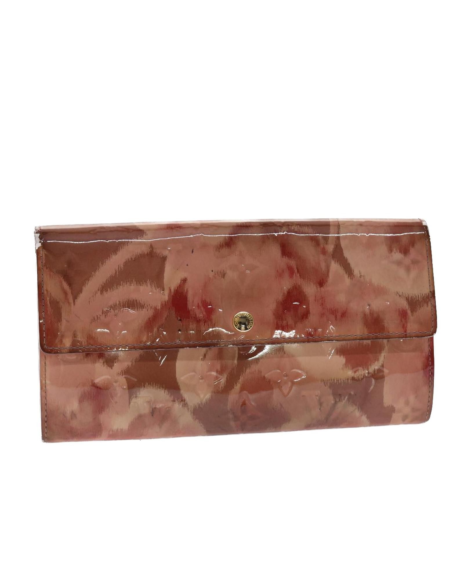 image of Louis Vuitton Patent Leather Long Wallet With Ikat Flower Design in Rose Velours, Women's