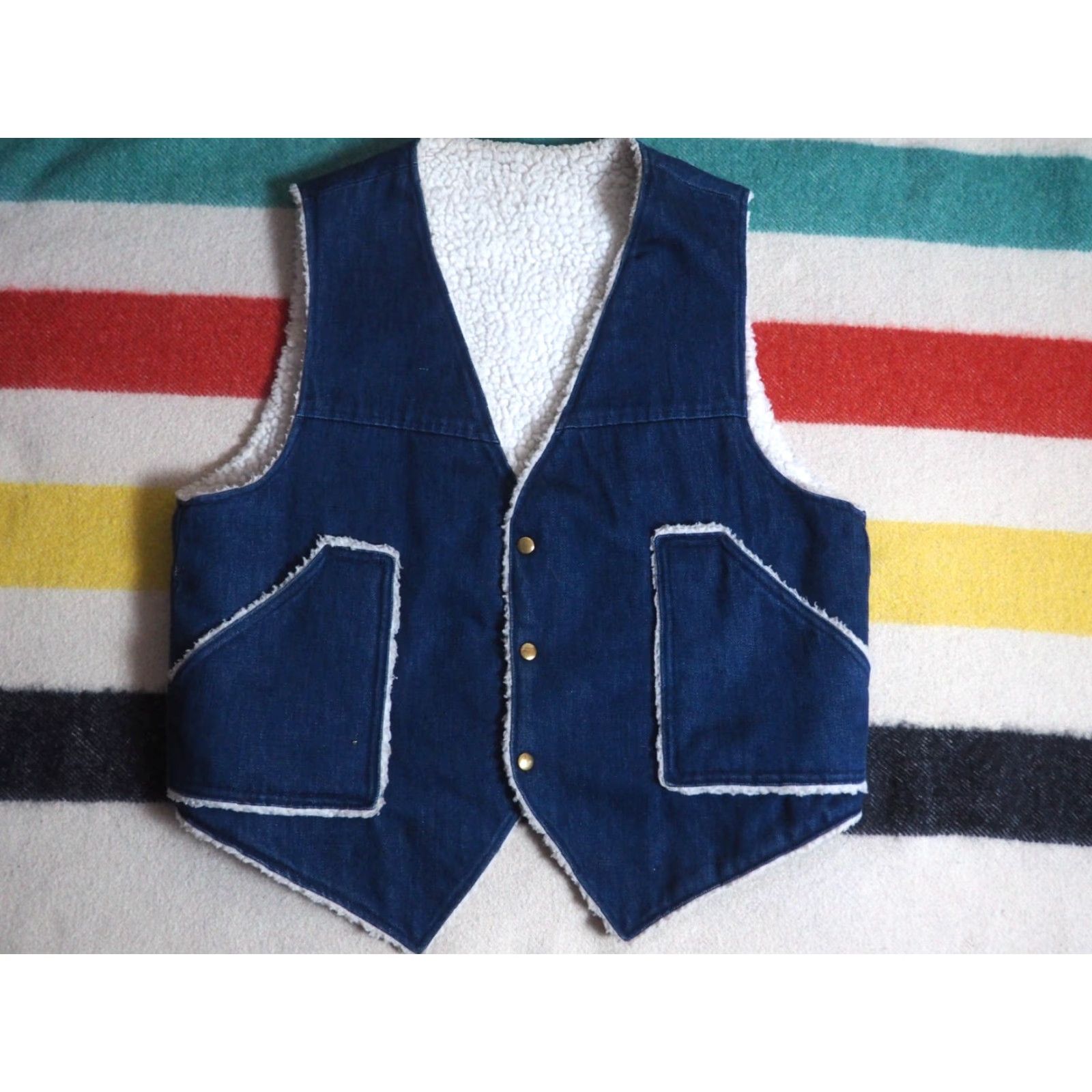 Denime VTG 70s Dark Wash Blue Denim Sherpa Yellowstone Western Snap Vest Mens XL Size US XL / EU 56 / 4 - 2 Thumbnail