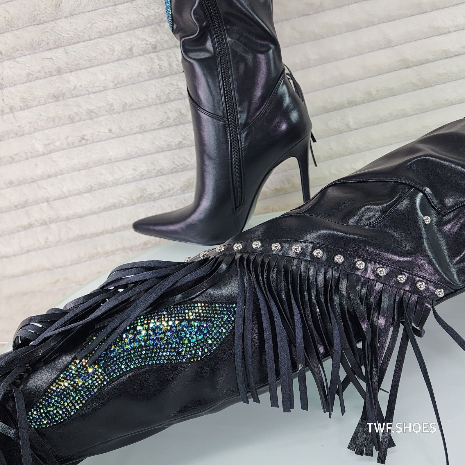Azalea Wang Frenzy Black Fringe Rhinestone Over The Knee Thigh Boots Aza Size US 7 / IT 37 - 2 Thumbnail