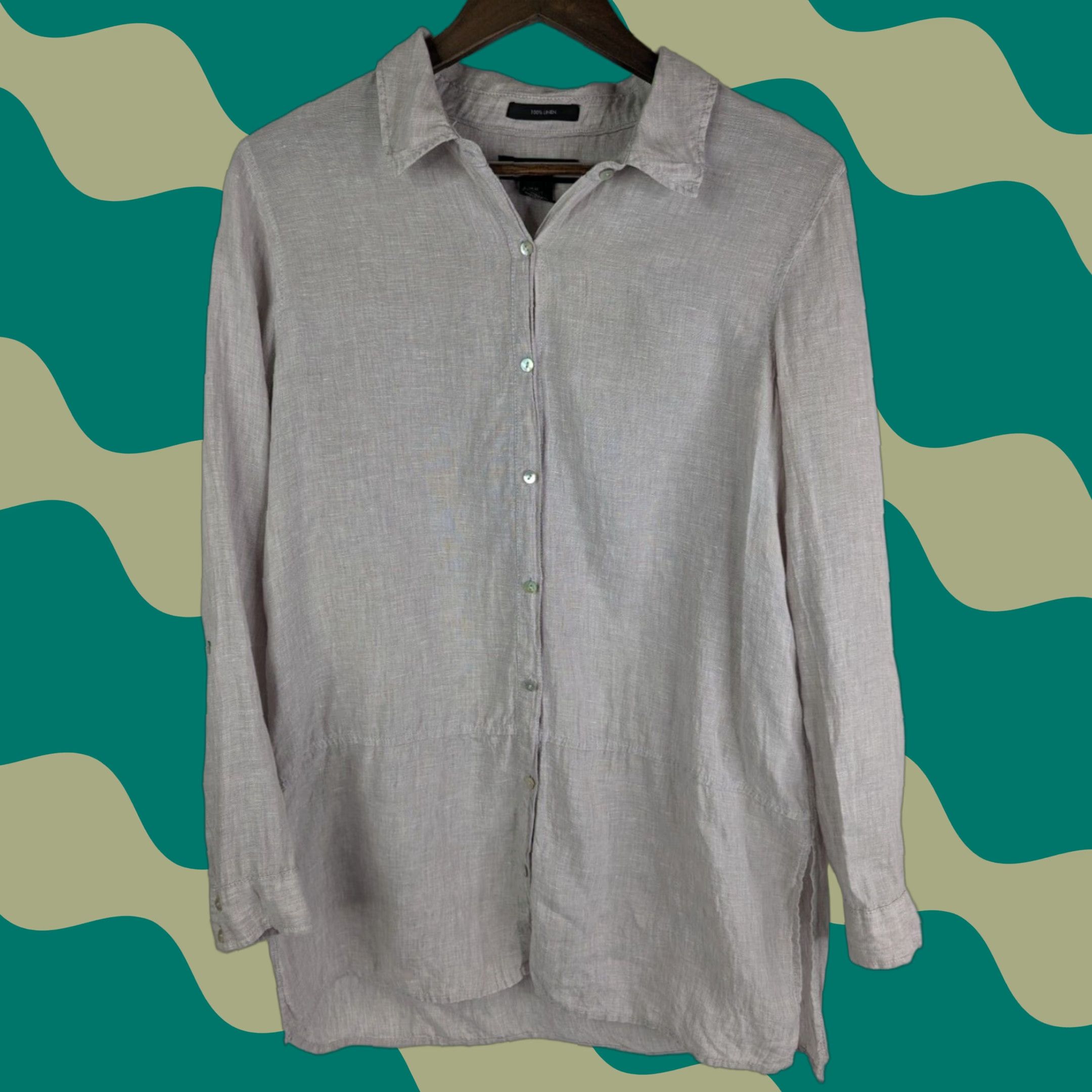 Vintage Tahari Linen Taupe Longline Roll Tab Long Sleeve Top Tunic M Women Button-Up Shirt Size M / US 6-8 / IT 42-44 - 1 Thumbnail