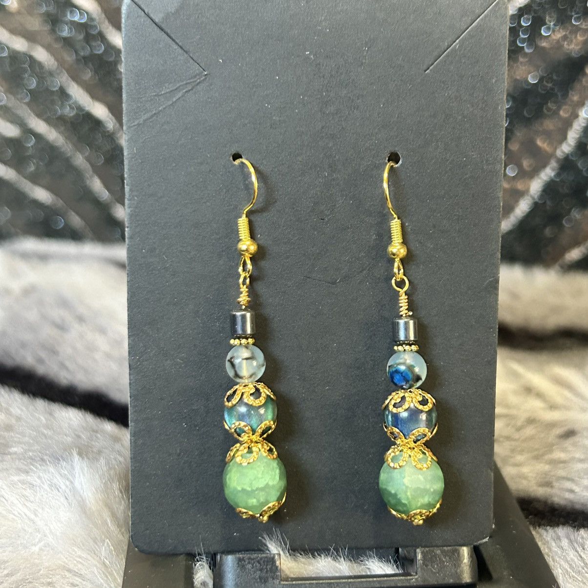 Handmade Handcrafted green crackle glass cat eye dragon vein earrings Size ONE SIZE - 2 Thumbnail