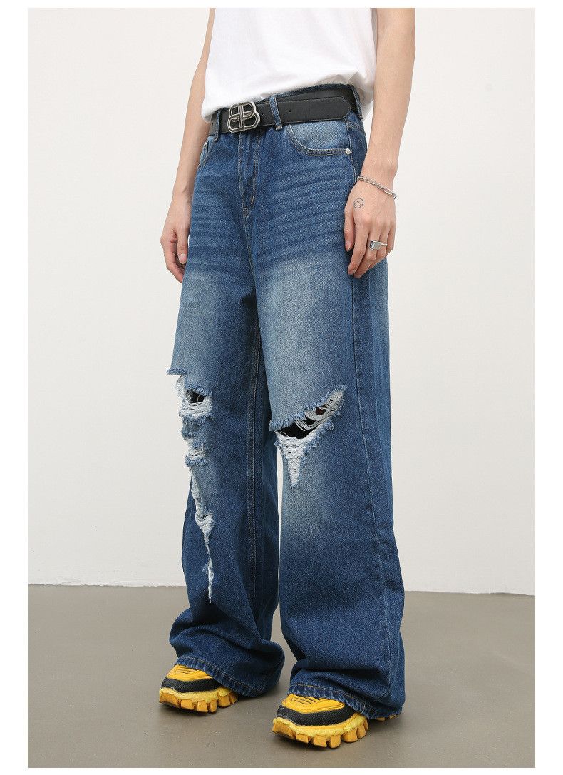 Japanese Brand × Jean Men's retro washed loose straight ripped jeans Size US 32 / EU 48 - 4 Thumbnail