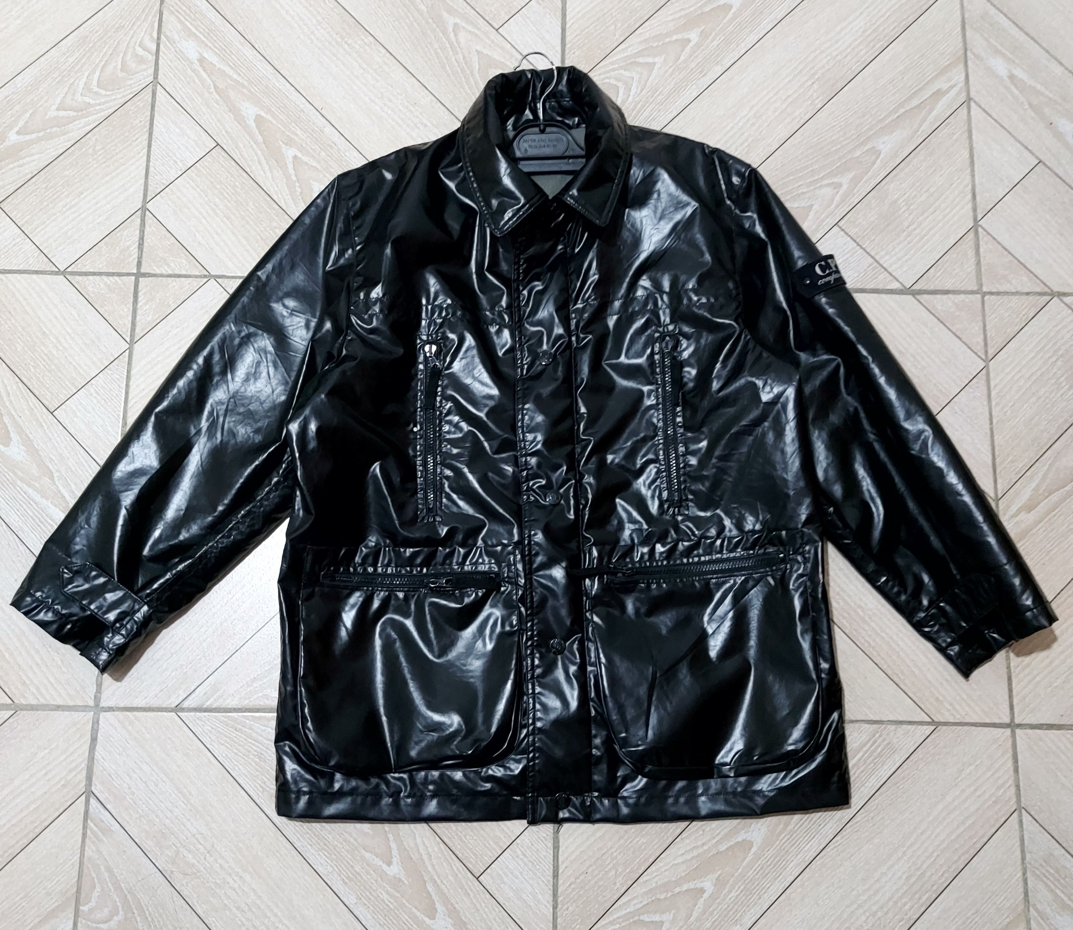 image of C P Company x Massimo Osti C.p. Company U16 1997 Pvc Jacket in Black Silk, Men's (Size Medium)
