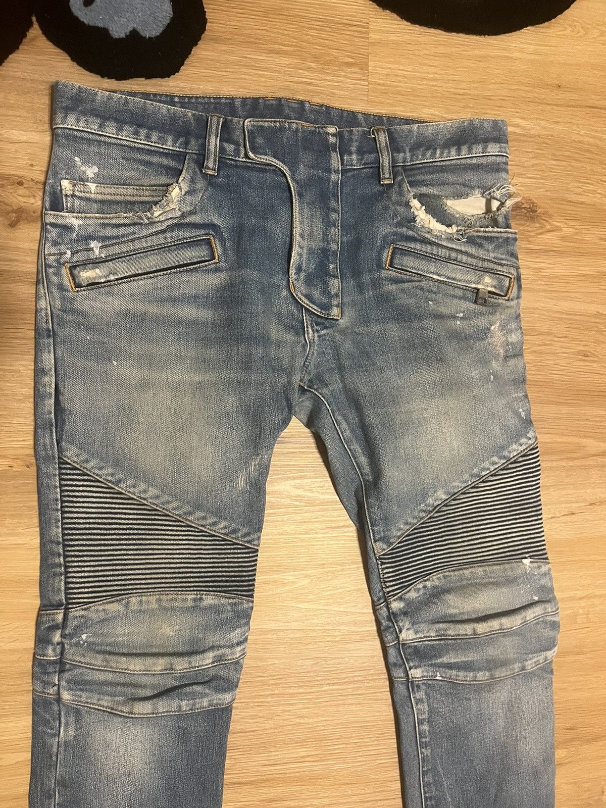 Balmain Sample 1/1 FW14 Distressed Painted Biker Denim Jean