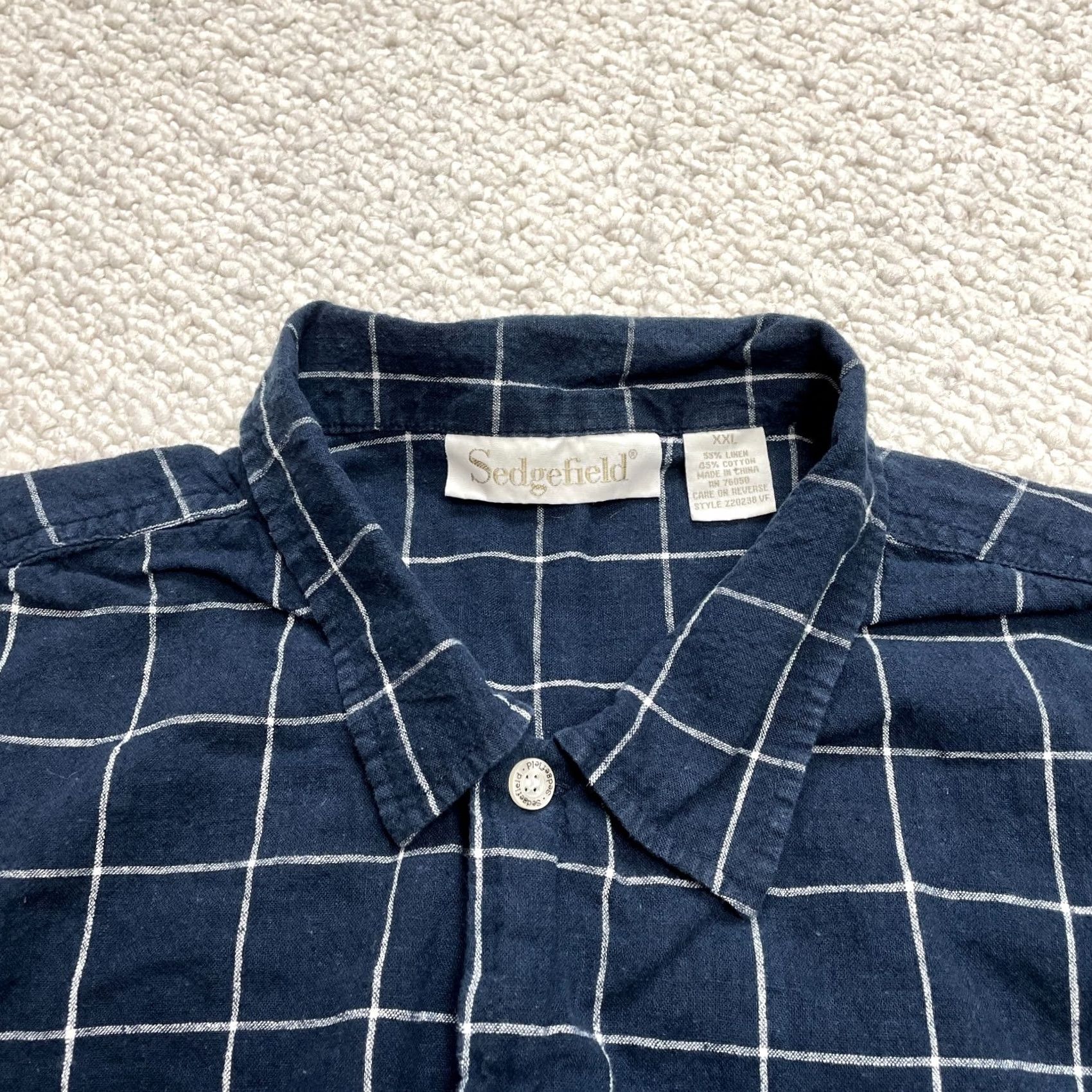 Vintage Sedgefield Button-Up Shirt Mens 2XL Dark Navy Plaid Short Sleeve Collared Top, Button-Front, Pockets, Regular Fit, Cotton Blend, Big & Tall Size US XXL / EU 58 / 5 - 2 Thumbnail