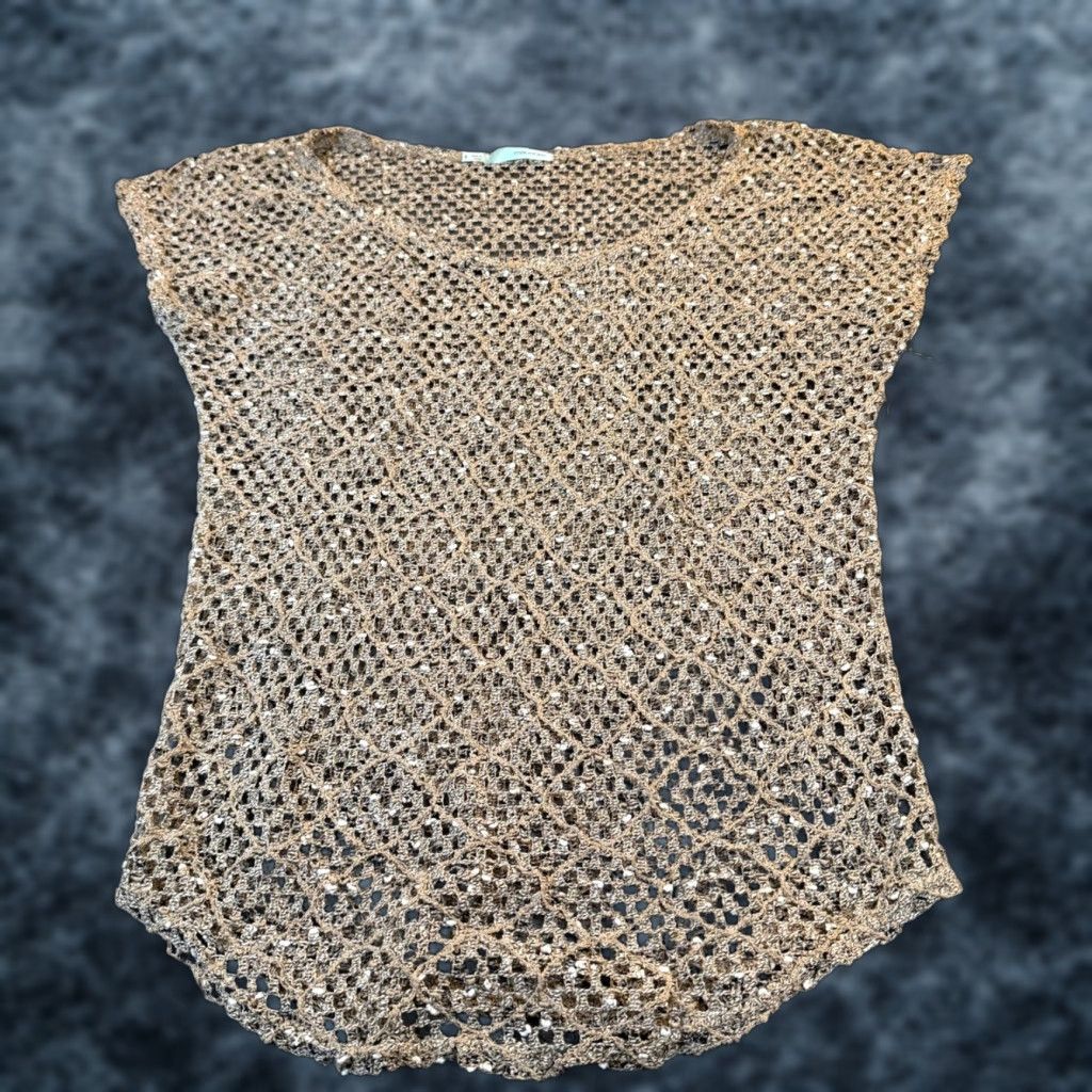 Vintage Maurices Shirt Womens size S Short Sleeve Top Bohemian Crochet Sequin Metallic Sparkle Knit Geometric Scoop Neck Casual Party/Cocktail Summer Size S / US 4 / IT 40 - 1 Thumbnail