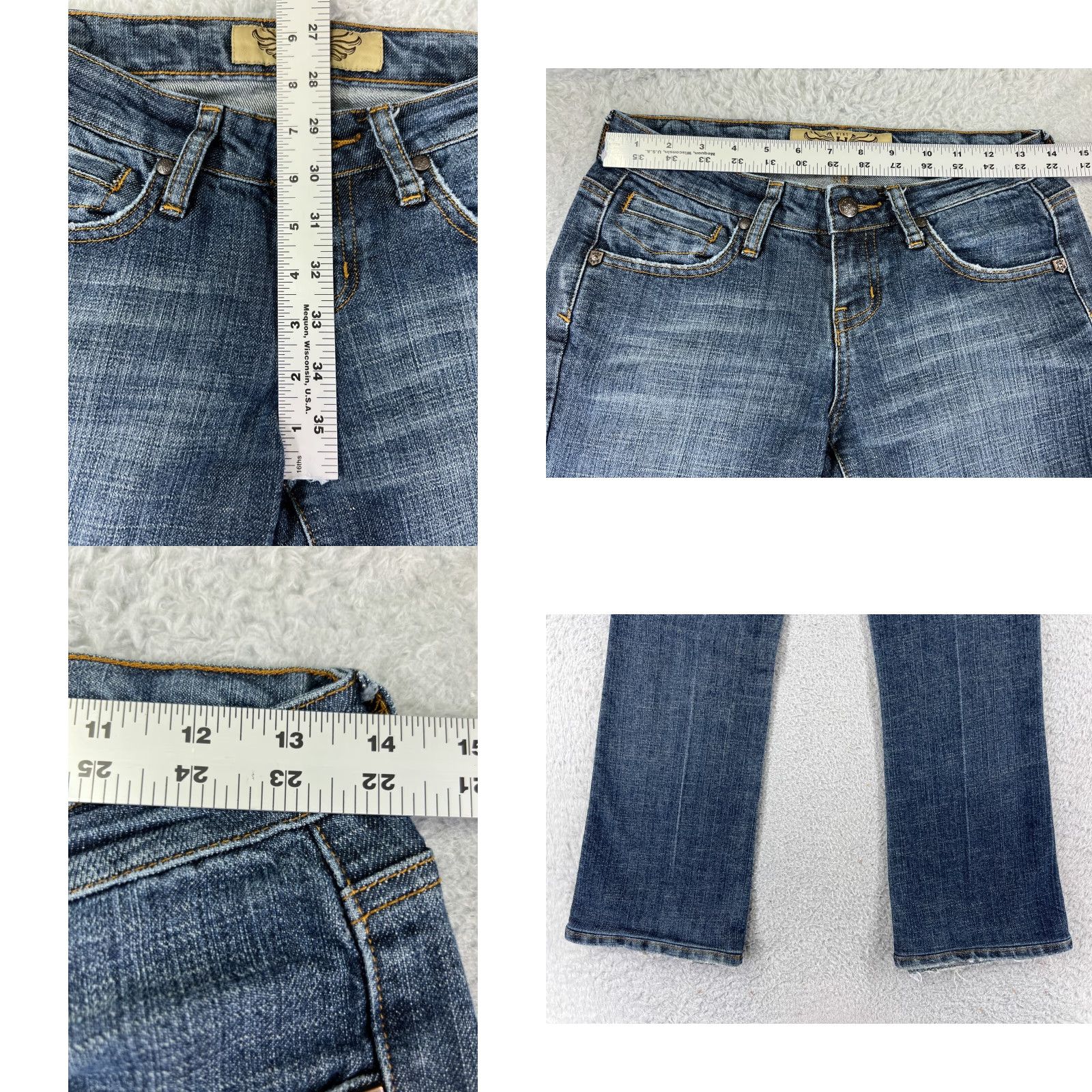 Vintage Hint Pants Womens Jeans Flared Low Rise Blue Denim Cotton Blend 3 5-Pocket Design Embroidered Distressed Stretch Casual Size 26" / US 2 / IT 38 - 9 Thumbnail