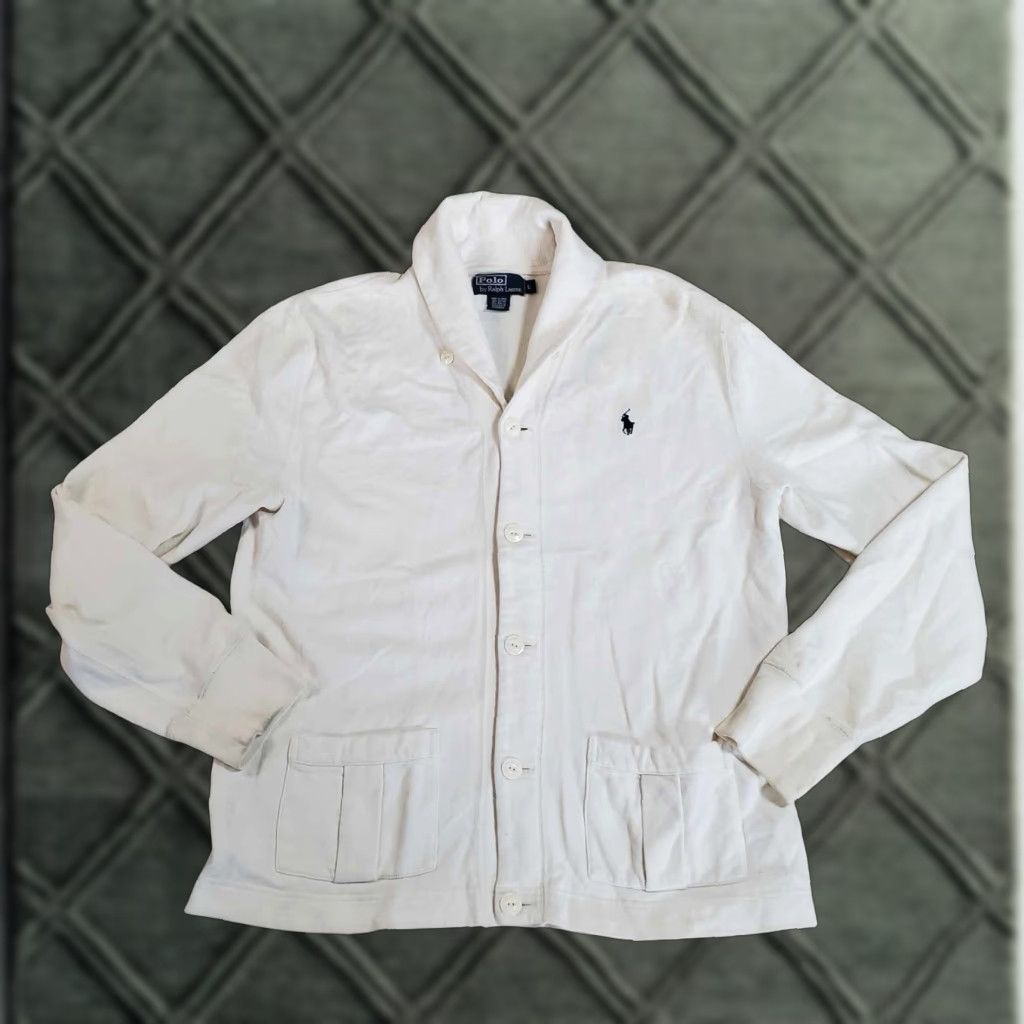 Polo Ralph Lauren VINTAGE Polo Ralph Lauren Cardigan Sweater Men L White Knit Button Preppy City Classic Flaws Pockets 🡪 Size US L / EU 52-54 / 3 - 1 Thumbnail