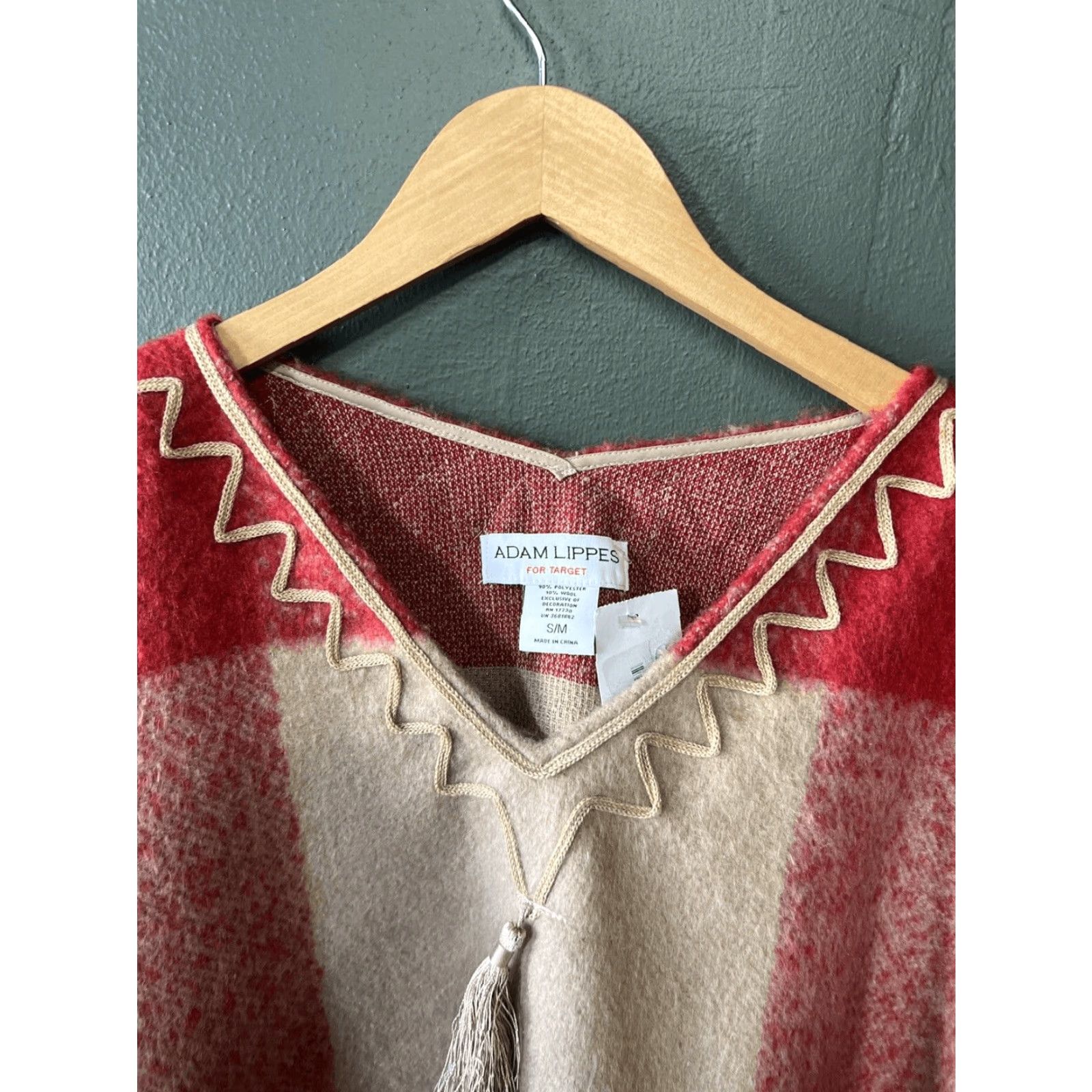 Vintage NWT Adam Lippes for Target Plaid Mohair Fringe Trim Tassel Poncho Sweater Red S/M Women's Poncho Size S / US 4 / IT 40 - 2 Thumbnail