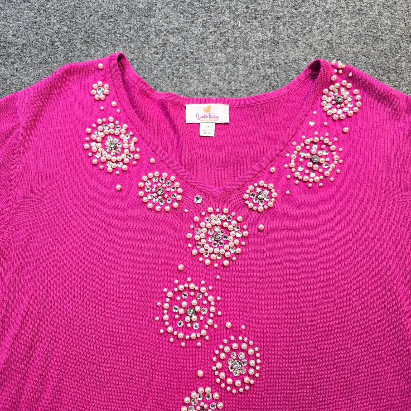 Quacker Factory VINTAGE Quacker Factory Sweater Women 3X Pink Beaded Pearl Knit Rhinestones Casual Size XXL / US 16-18 / IT 52-54 - 2 Thumbnail