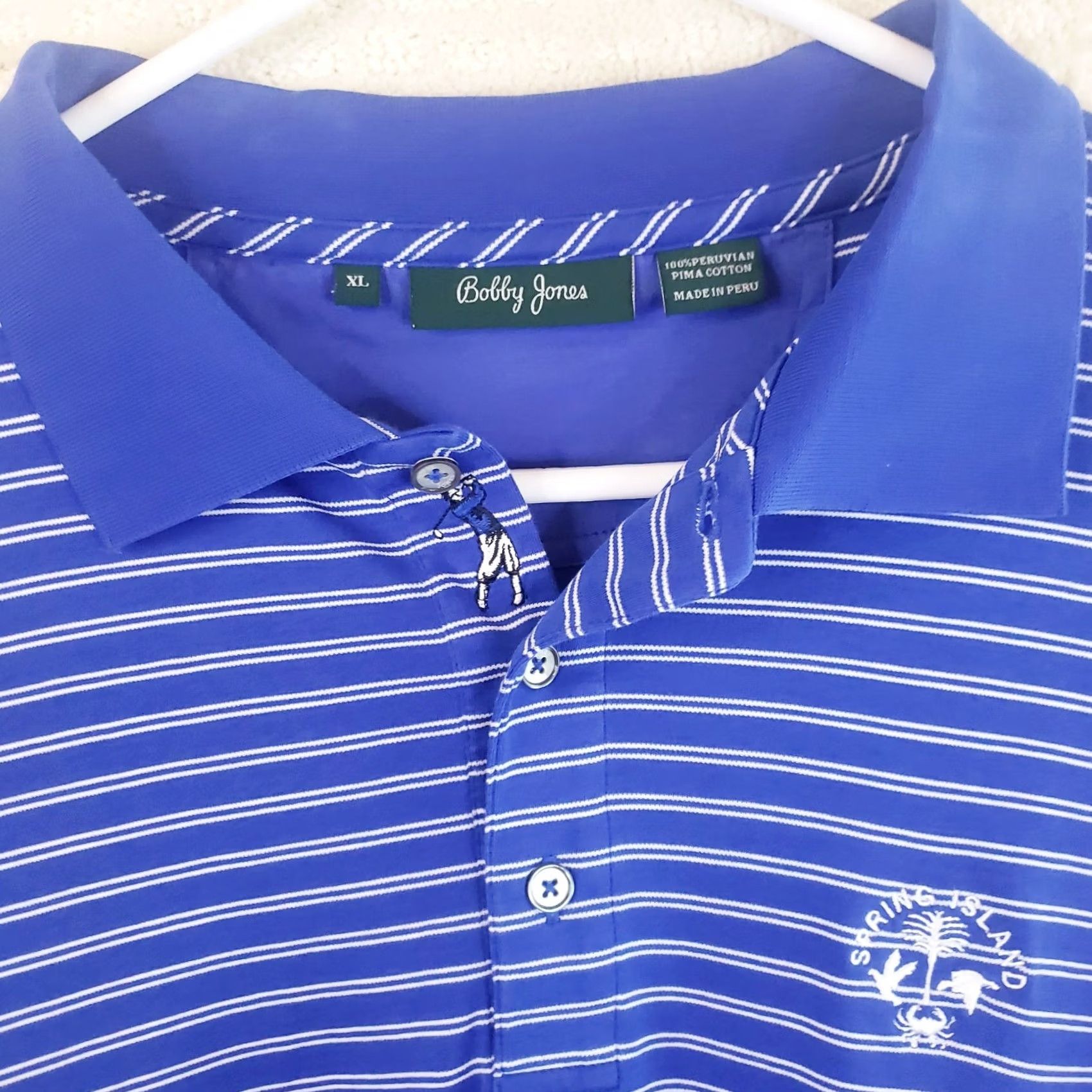 Vintage Bobby Jones Polo Shirt Men XL Blue Stripe Short Sleeve Button Collared Classic Breathable Easy Care Golf Spring Island SC Logo Size US XL / EU 56 / 4 - 4 Thumbnail