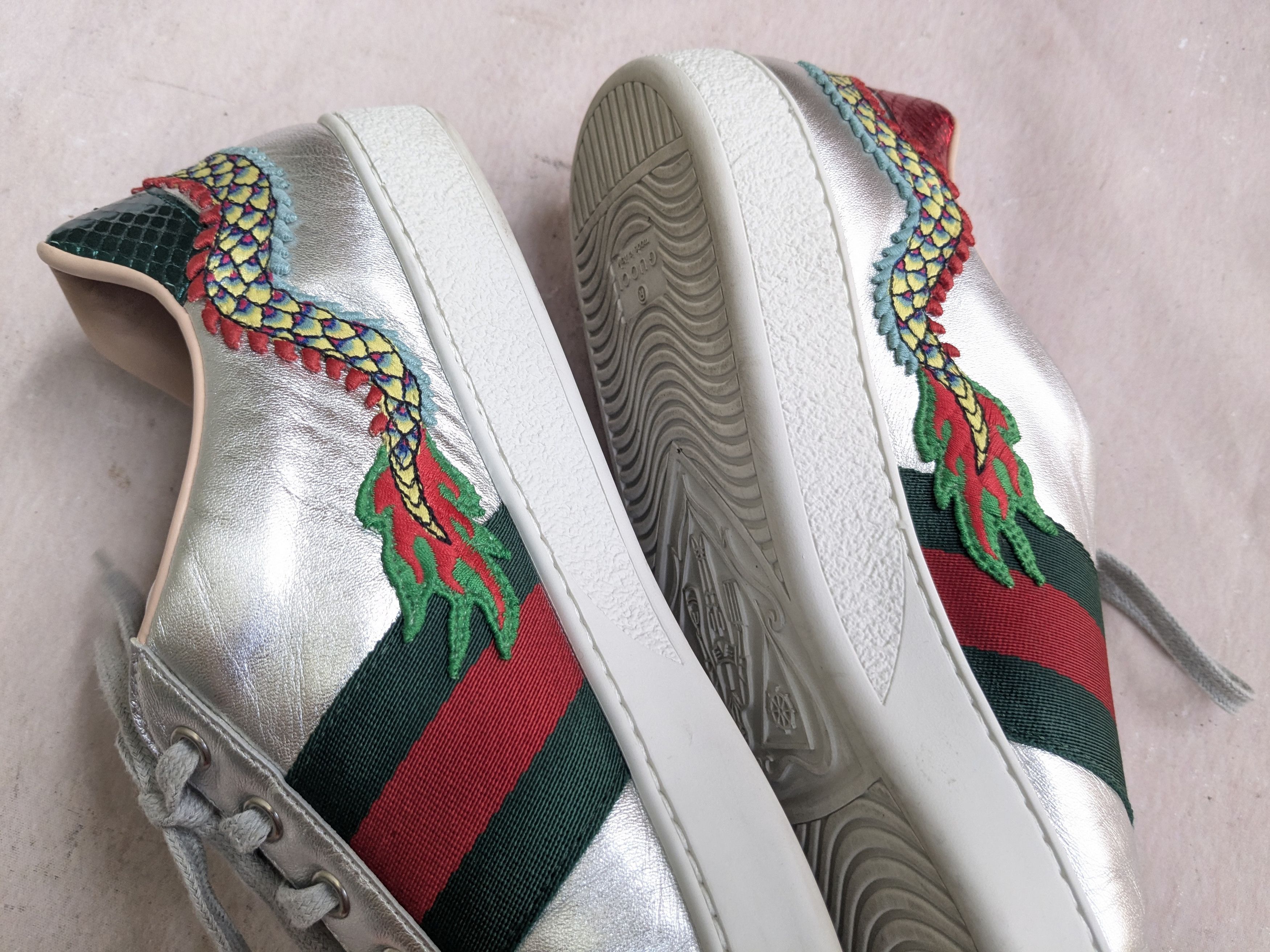 Gucci Gucci Ace Silver Dragon Sneakers 11.5 Leather Low 473765 Size US 11.5 / EU 44-45 - 10 Thumbnail
