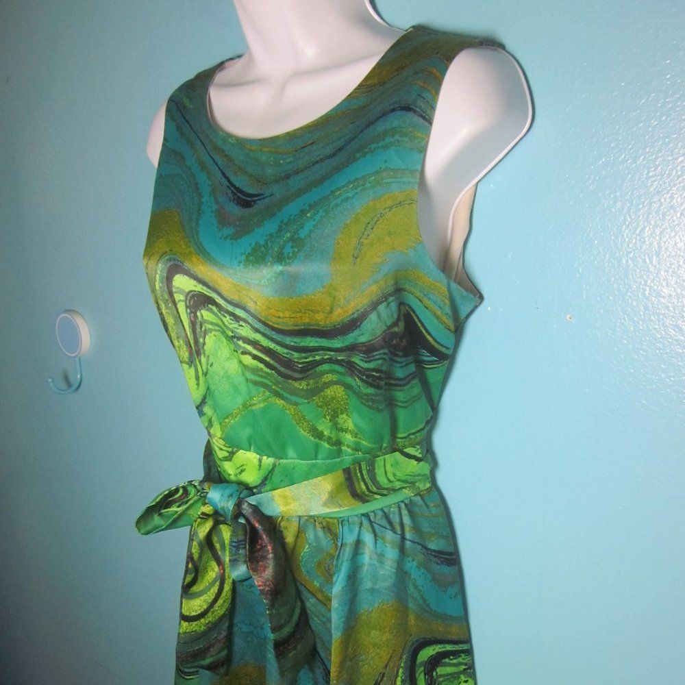 Le Bos Green Fit - Flare Dress Women Sz 8 Matching Waist Tie