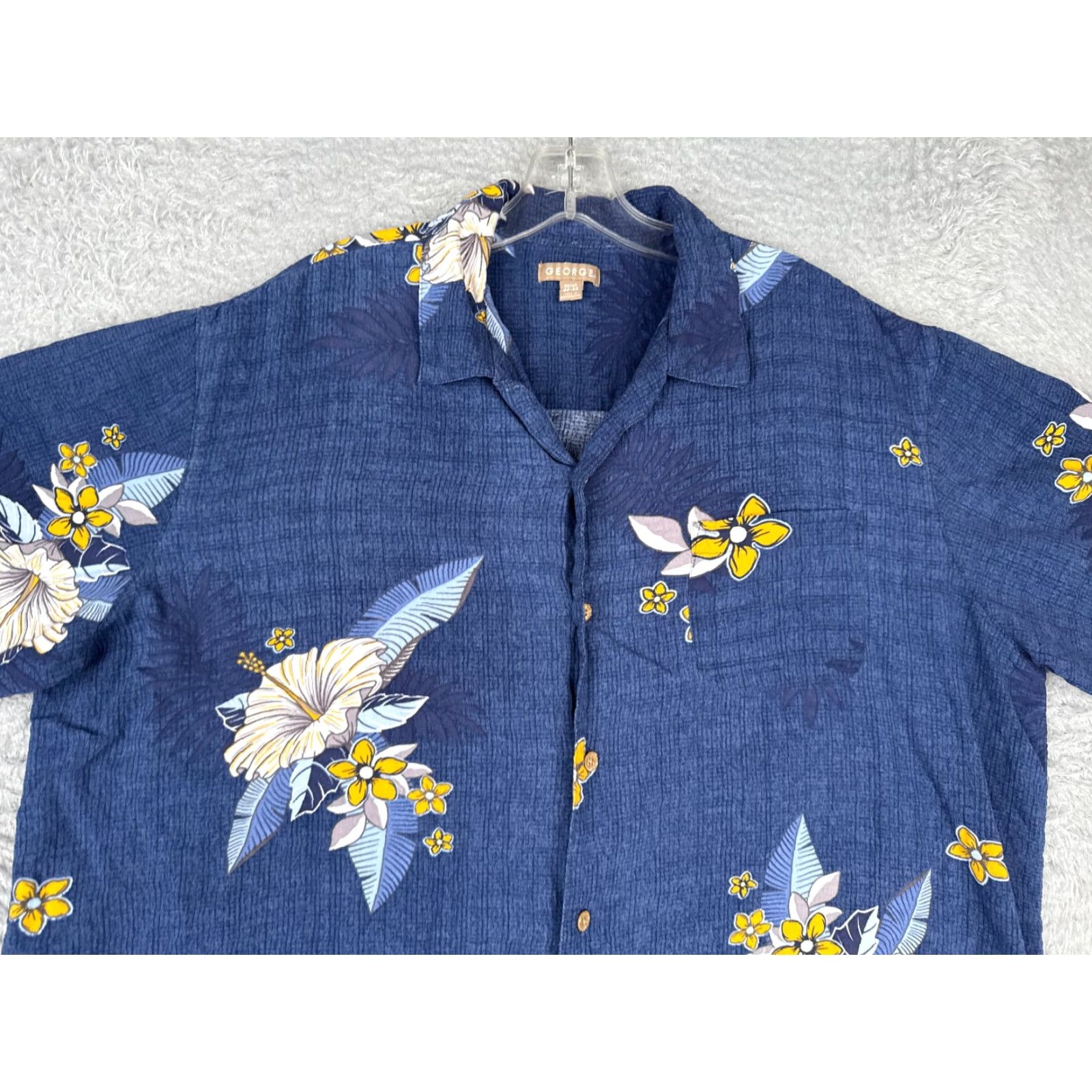 George George Hawaiian Shirt Men XL Blue Yellow Floral Button-Up 100% Rayon Casual Short Sleeve Made in Bangladesh Regular Fit Womens? Size US XL / EU 56 / 4 - 4 Thumbnail