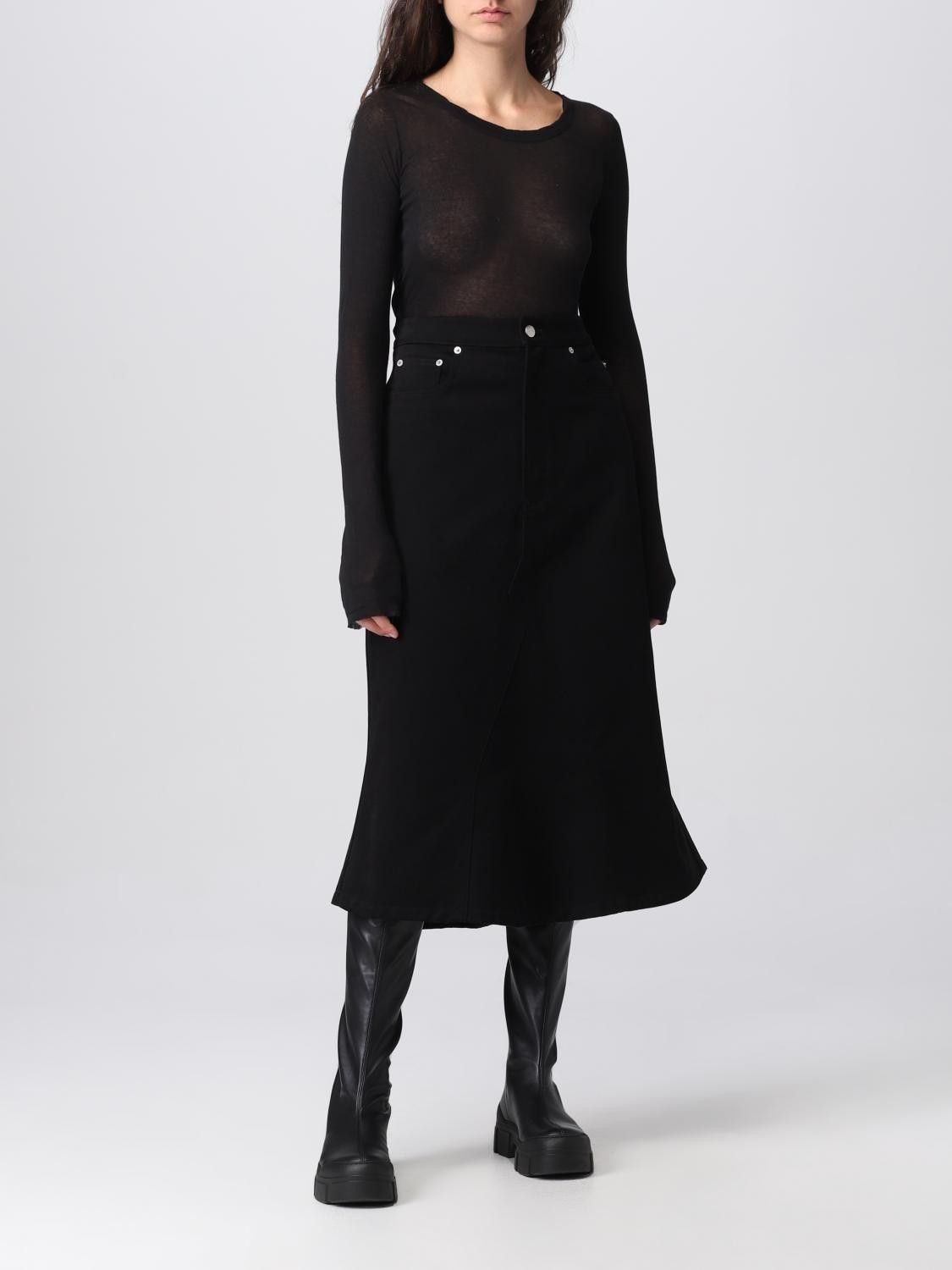 Rick Owens o1y0126 Denim Midi Skirt in Black Size 25" / US 0 / IT 36 - 2 Thumbnail