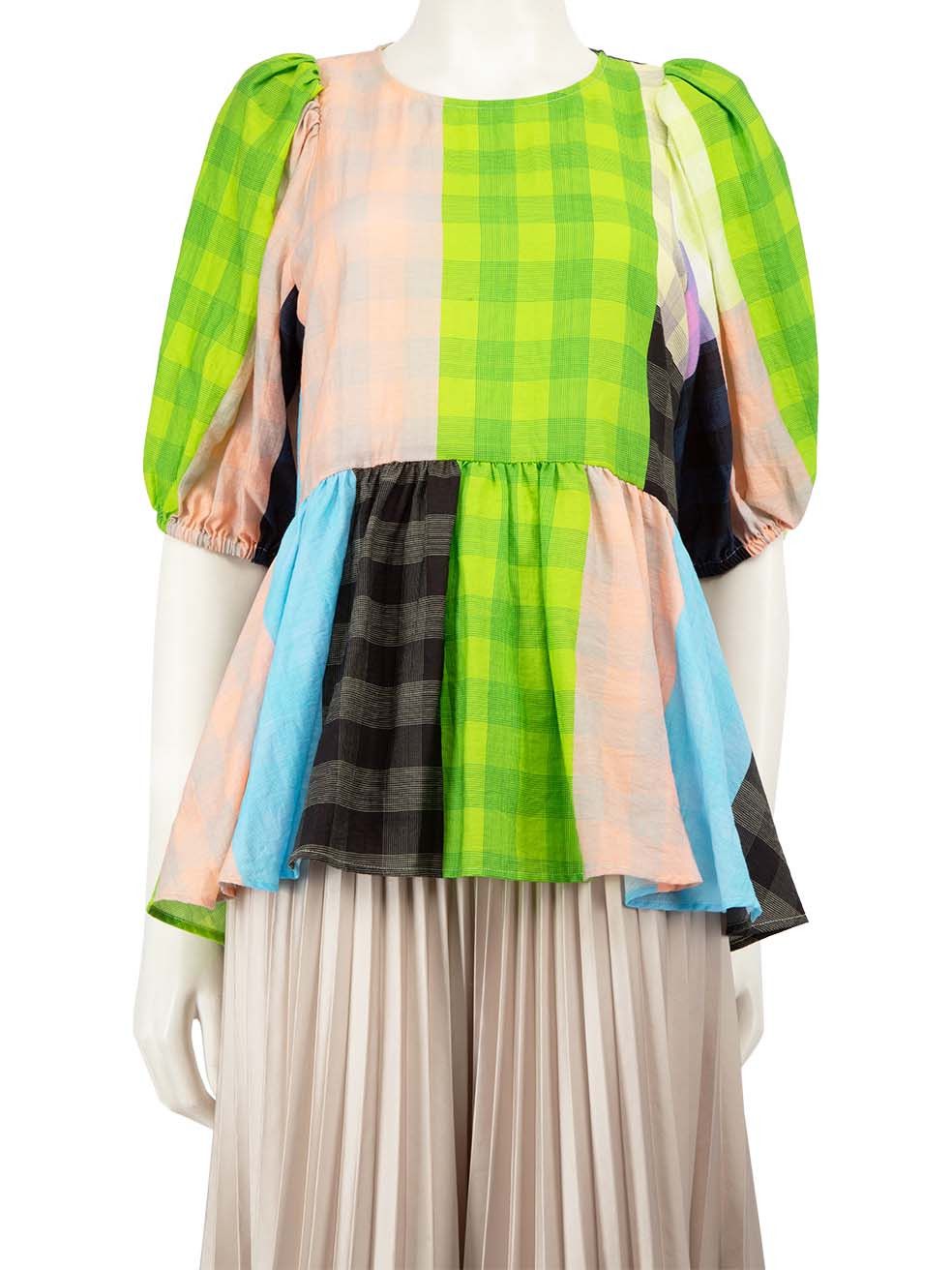 image of Stine Goya Tartan Pattern Puff Sleeve Top, Women's (Size Small)