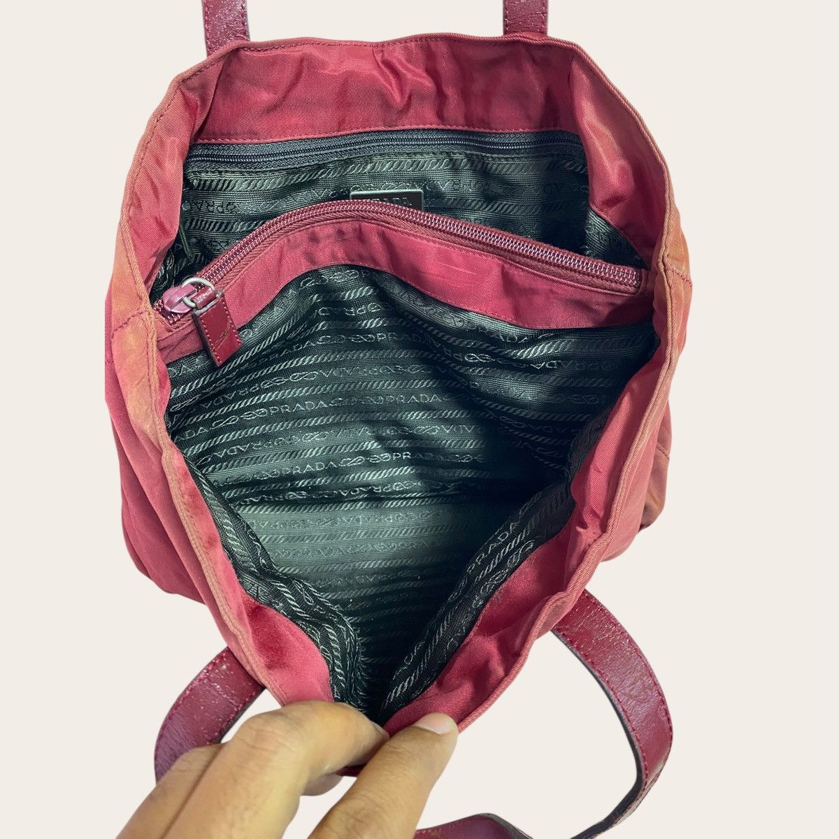 Prada Prada Burgundy Nylon Tote Bag | Leather Handles Size ONE SIZE - 16 Thumbnail