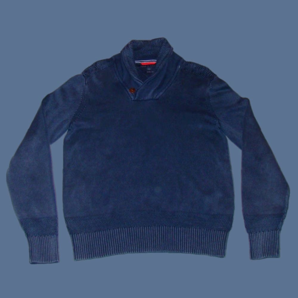 Tommy Hilfiger VINTAGE Tommy Hilfiger Mens M Sweater Garment Dyed Navy Cowl Neck One Button Knit Pullover Size US M / EU 48-50 / 2 - 1 Thumbnail