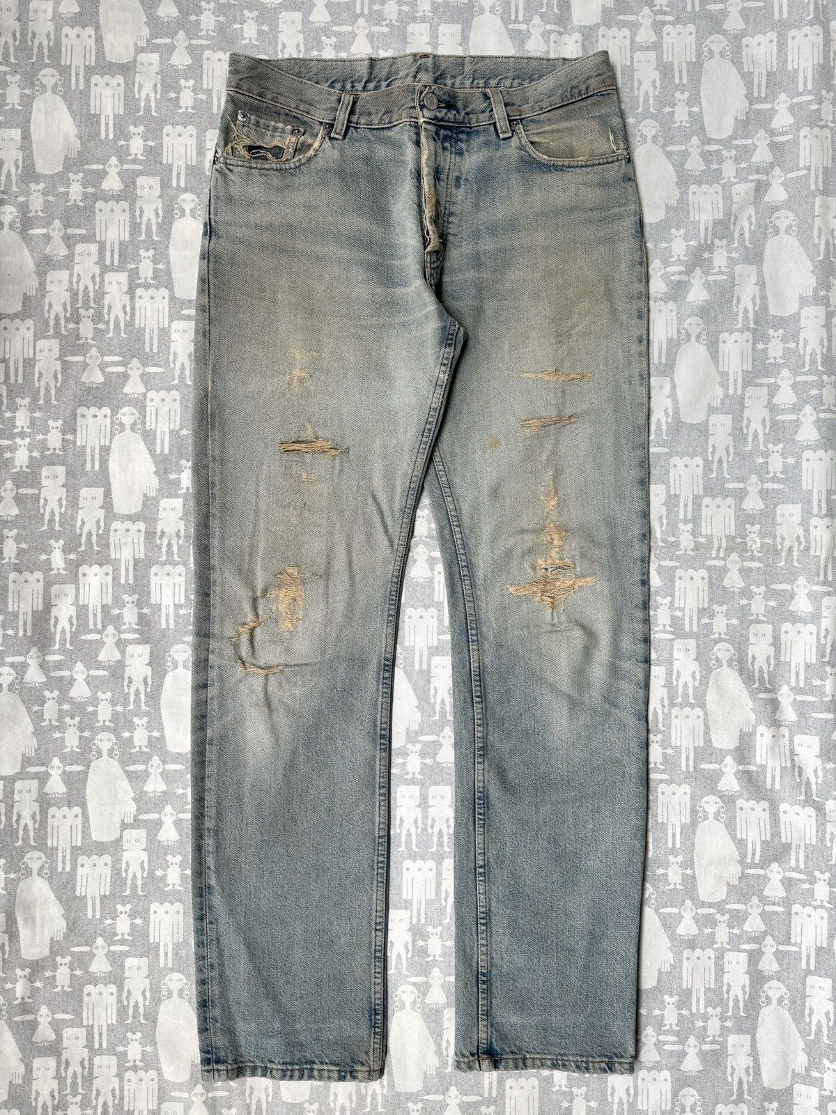 image of Helmut Lang Thrashed Light Sanded Wash Blue Denim 1998, Men's (Size 33)