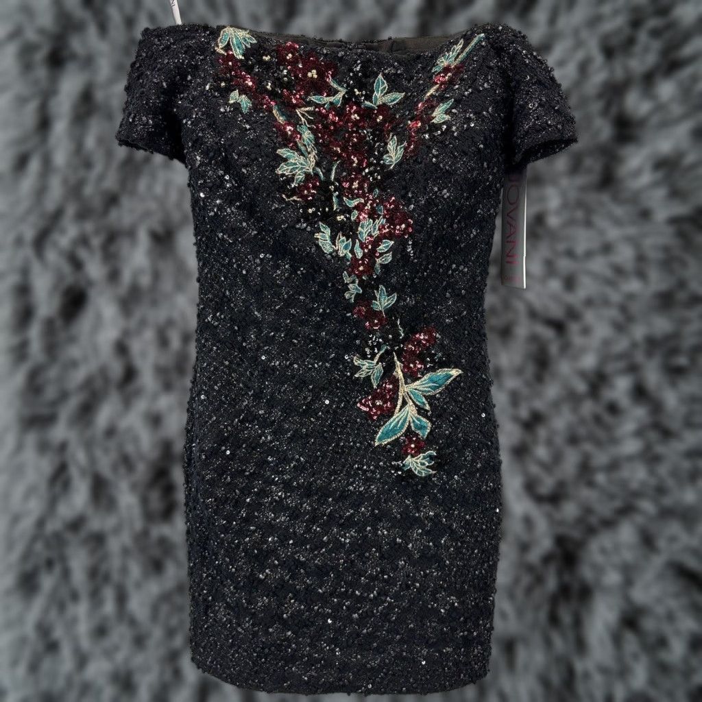 Vintage NEW Jovani 3968 Beaded Floral Off Shoulder Bodycon Cocktail Dress Size 4 Black Womens Size S / US 4 / IT 40 - 1 Thumbnail