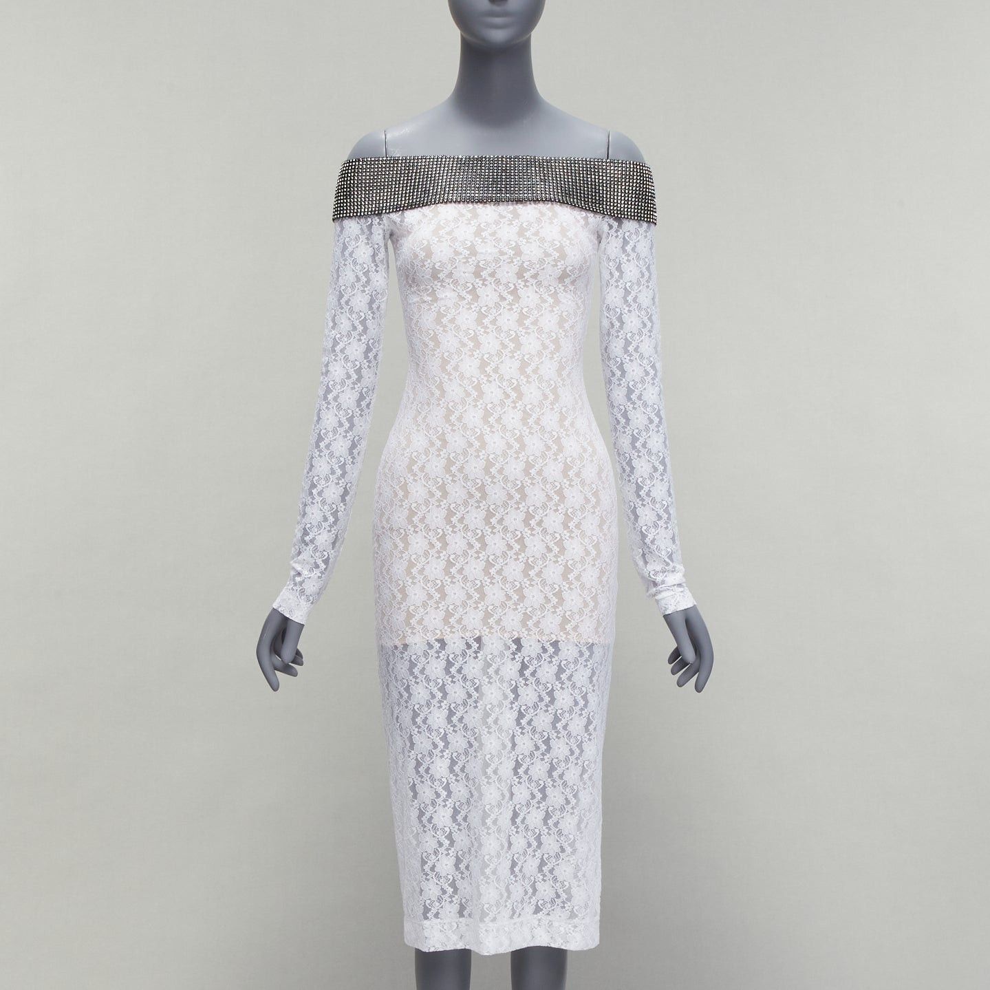 Christopher Kane CHRISTOPHER KANE 2019 Runway black crystal off shoulder collar white sheer lace dress IT38 XS Size XS / US 0-2 / IT 36-38 - 1 Thumbnail