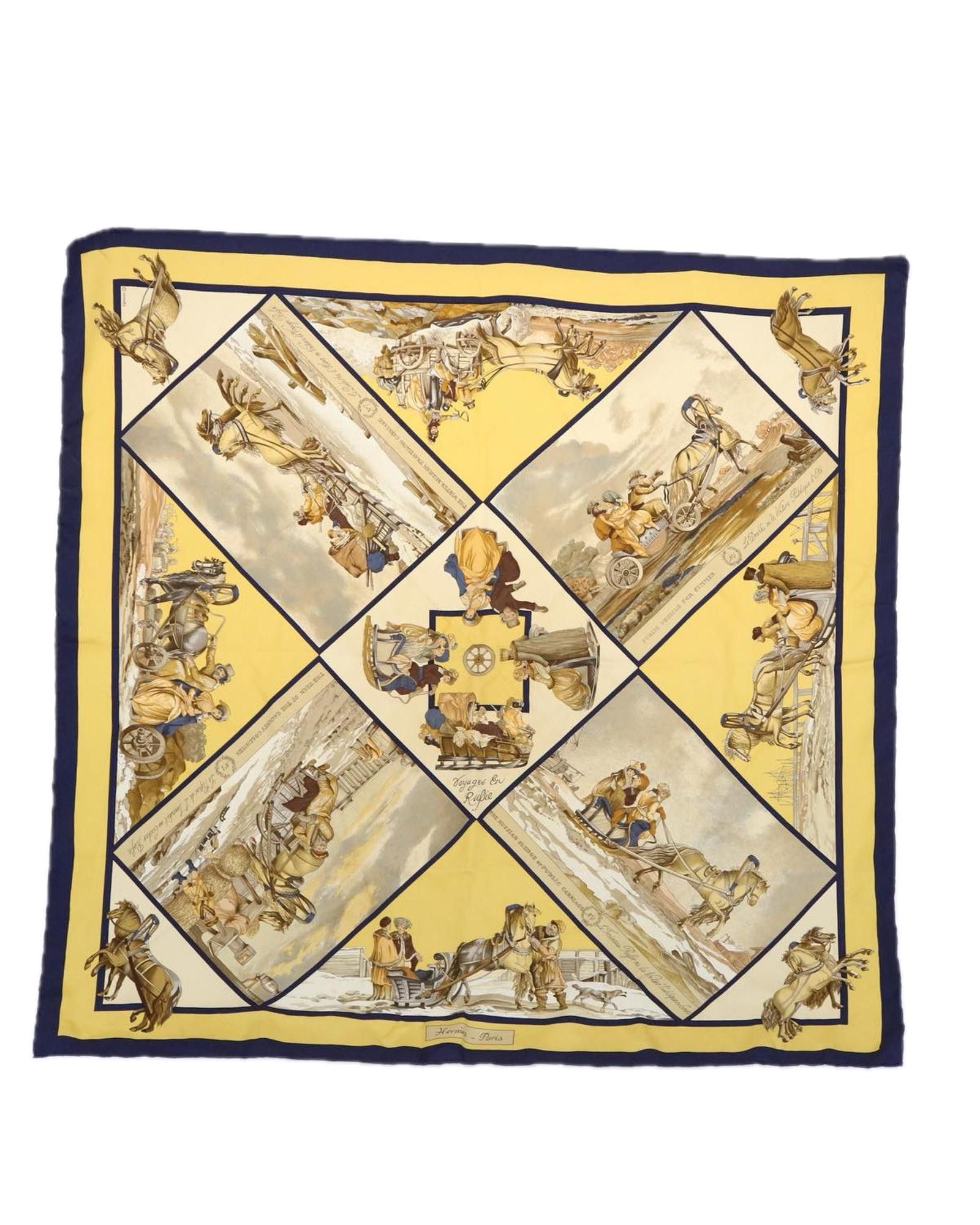 image of Hermes Navy Silk Scarf With Russian Travel Print, Women's