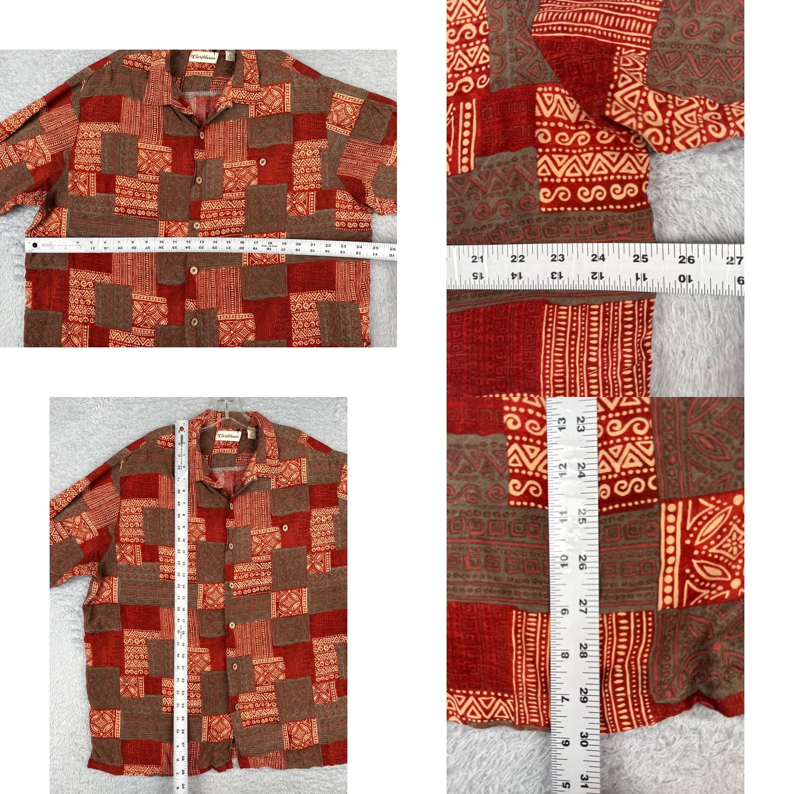 Vintage Caribbean Shirt Men XL Red Tile Geometric 100% Rayon Hawaiian Button Up Size US XL / EU 56 / 4 - 8 Thumbnail