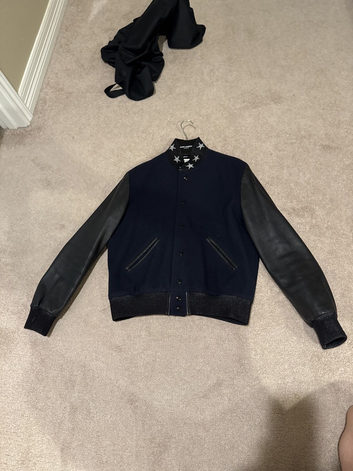 Saint Laurent Paris Saint Laurent Navy Wool Tweed Leather Stars Varsity Jacket Size US M / EU 48-50 / 2 - 7 Thumbnail