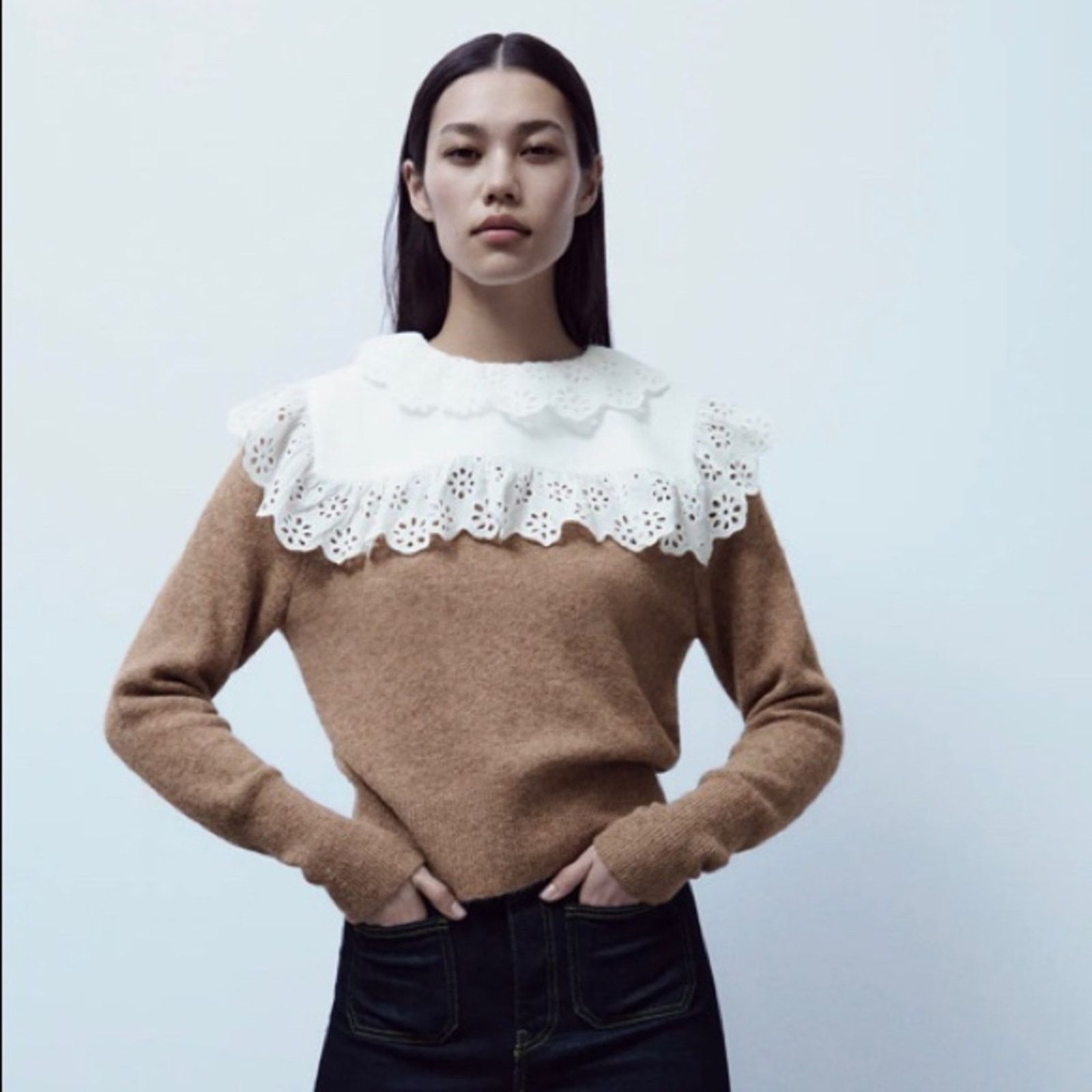 Zara Zara wool blend brown sweater with contrasting collar Small Size S / US 4 / IT 40 - 5 Thumbnail