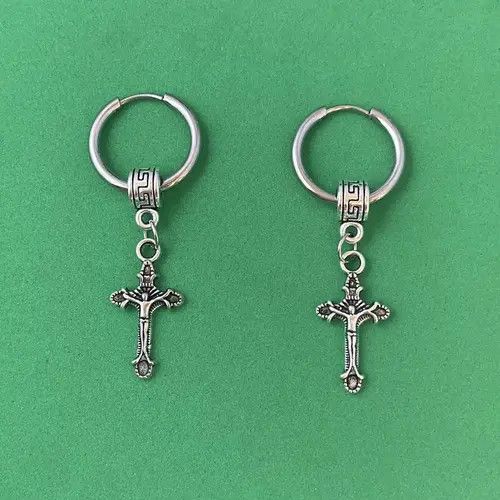 Designer × Jewelry 925 Silver Plated Cross Dangle Drop Earrings for Men Women Size ONE SIZE - 1 Thumbnail