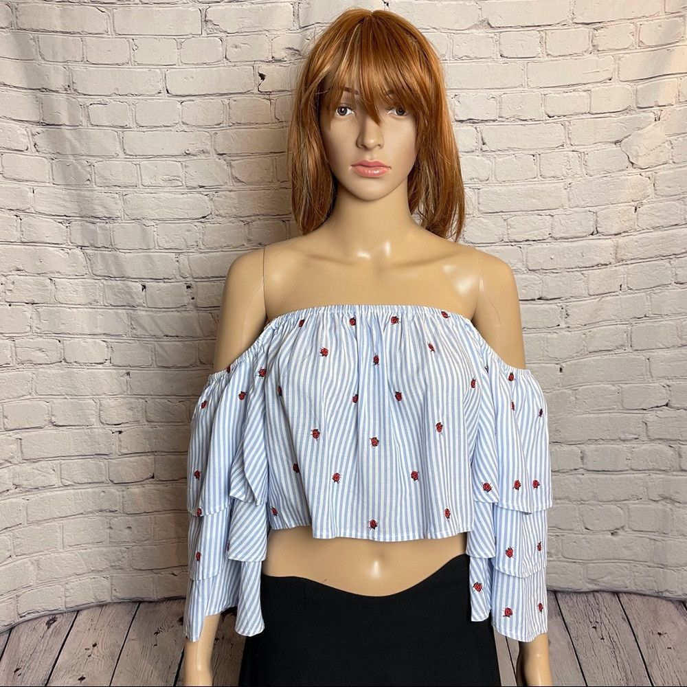 Other NWT New Olivaceous Off Shoulder Crop Top Striped Embroidere Size L / US 10 / IT 46 - 1 Thumbnail