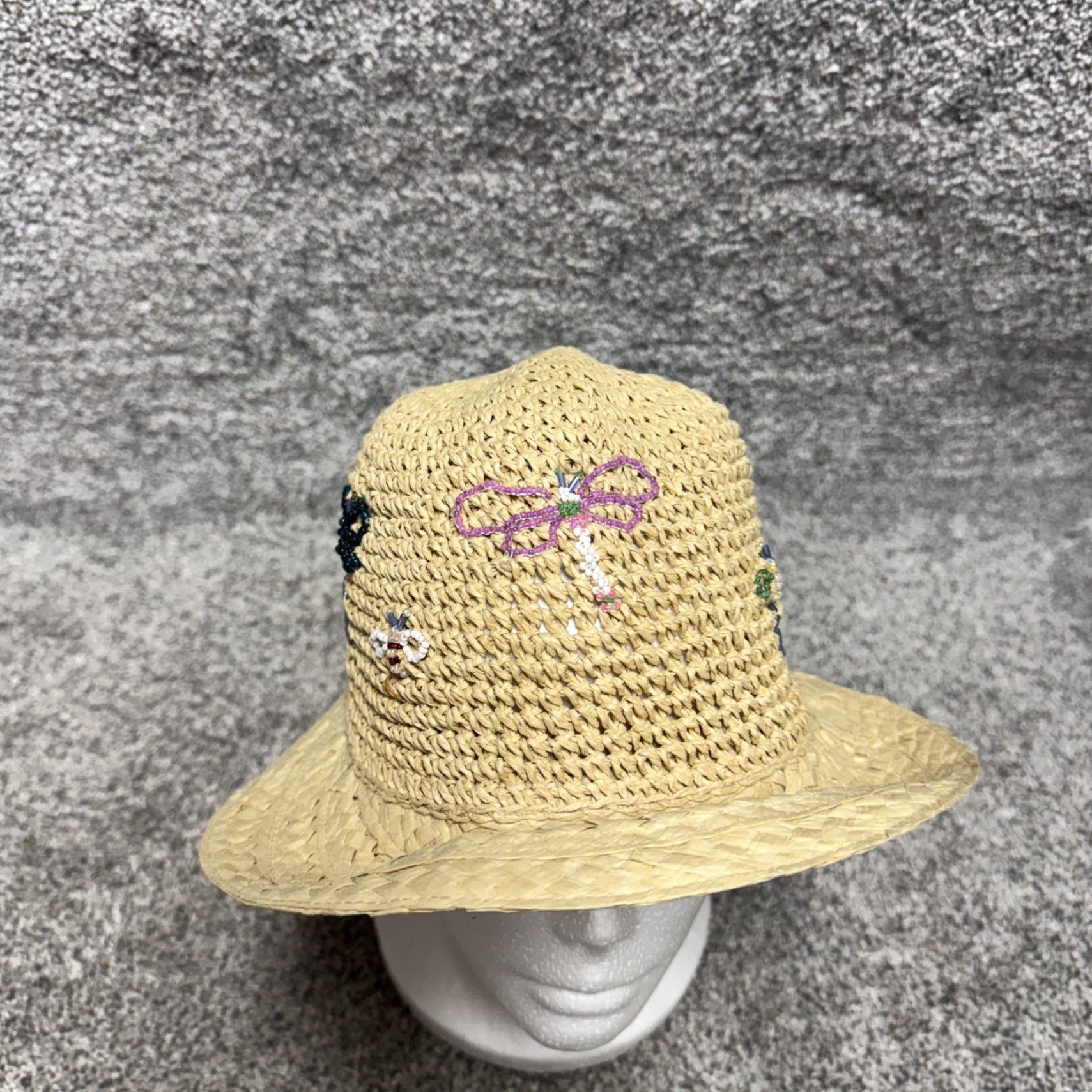 Vintage VINTAGE August Sun Hat Beaded Dragonflies Paper Straw Boho Chic Beachy Women One Size Beige Summer Size ONE SIZE - 6 Thumbnail