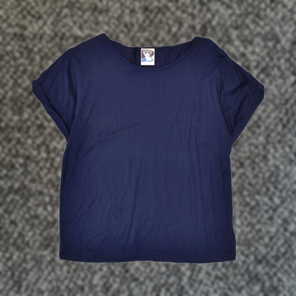 Vintage YESSICA Blouse Navy Blue Cotton IT 46 Large L Designer Slim Short Sleeve Round Neck Pullover Size L / US 10 / IT 46 - 1 Thumbnail