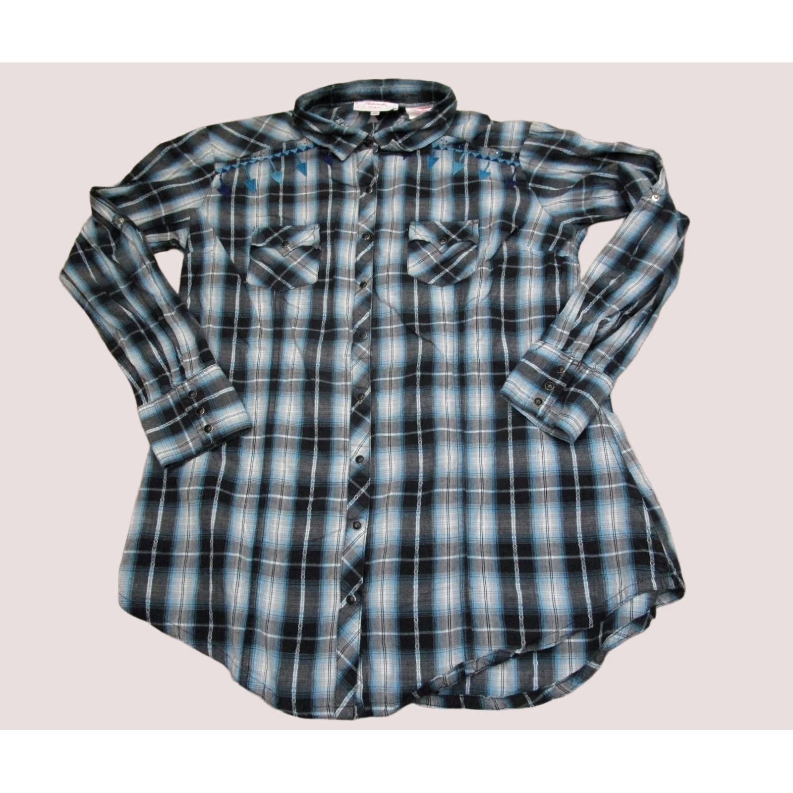 Vintage Panhandle Slim Pearl Snap Shirt Women XL Blue Plaid Embroidered Western White Distressed? Size XL / US 12-14 / IT 48-50 - 1 Thumbnail