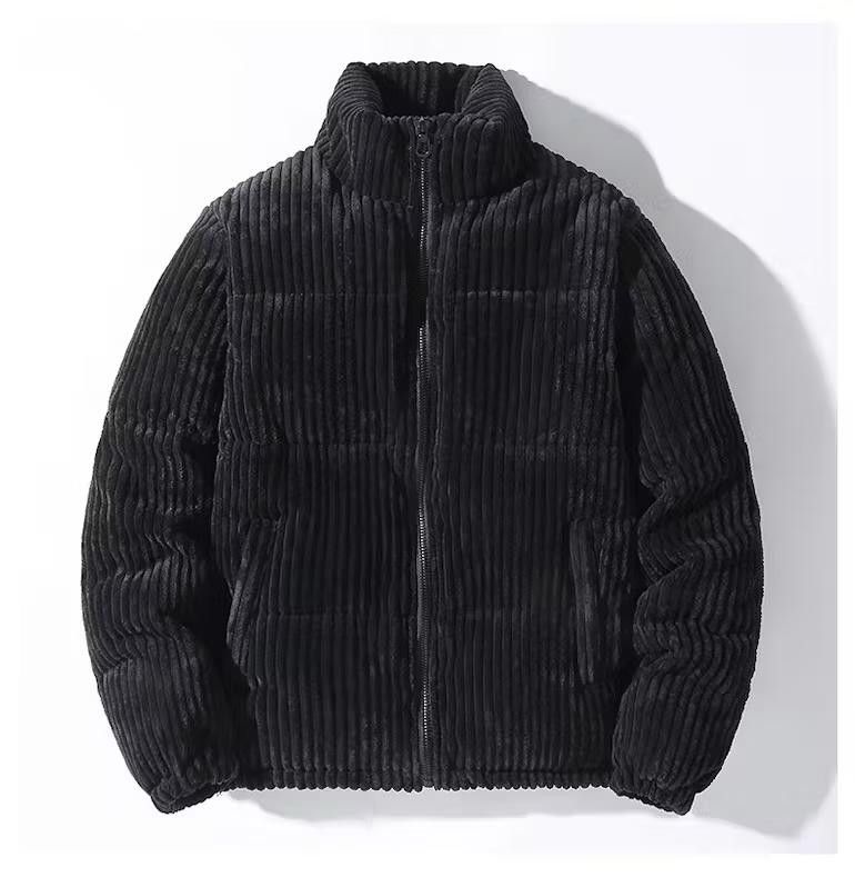 image of Retro Jacket Black Corduroy Jacket Puffer Jacket Bomber Coat, Men's (Size Large)
