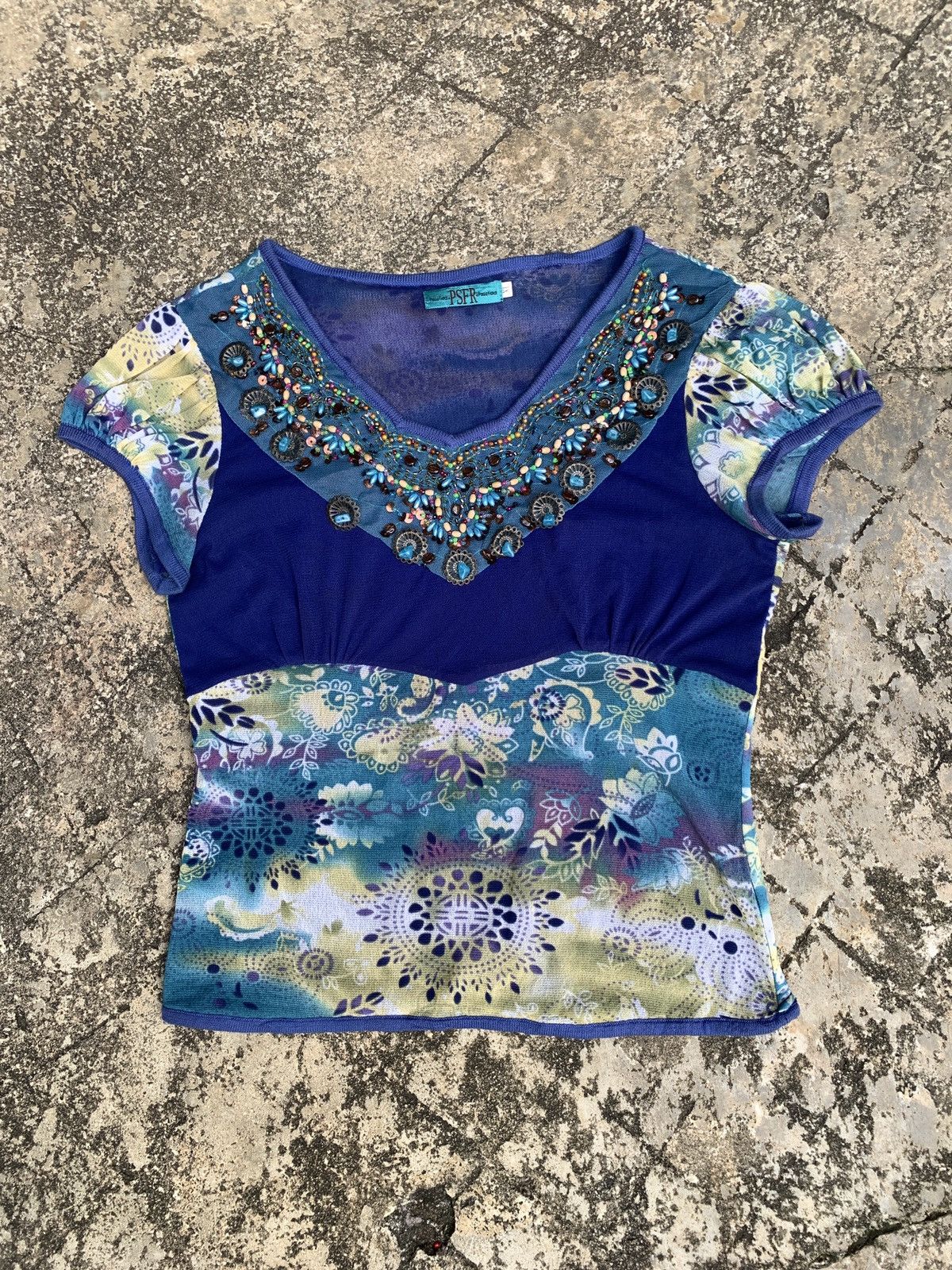 Japanese Brand y2k PSFR Unique Beady Rings Multifabric Graphic Mesh Top Size L / US 10 / IT 46 - 1 Thumbnail