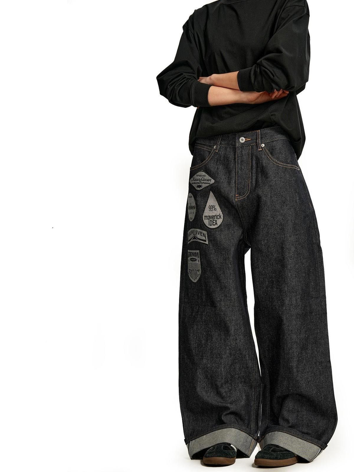 Jean Letter-Embroidered Raw Indigo Wide-Leg Selvedge Jeans Size US 32 / EU 48 - 3 Thumbnail
