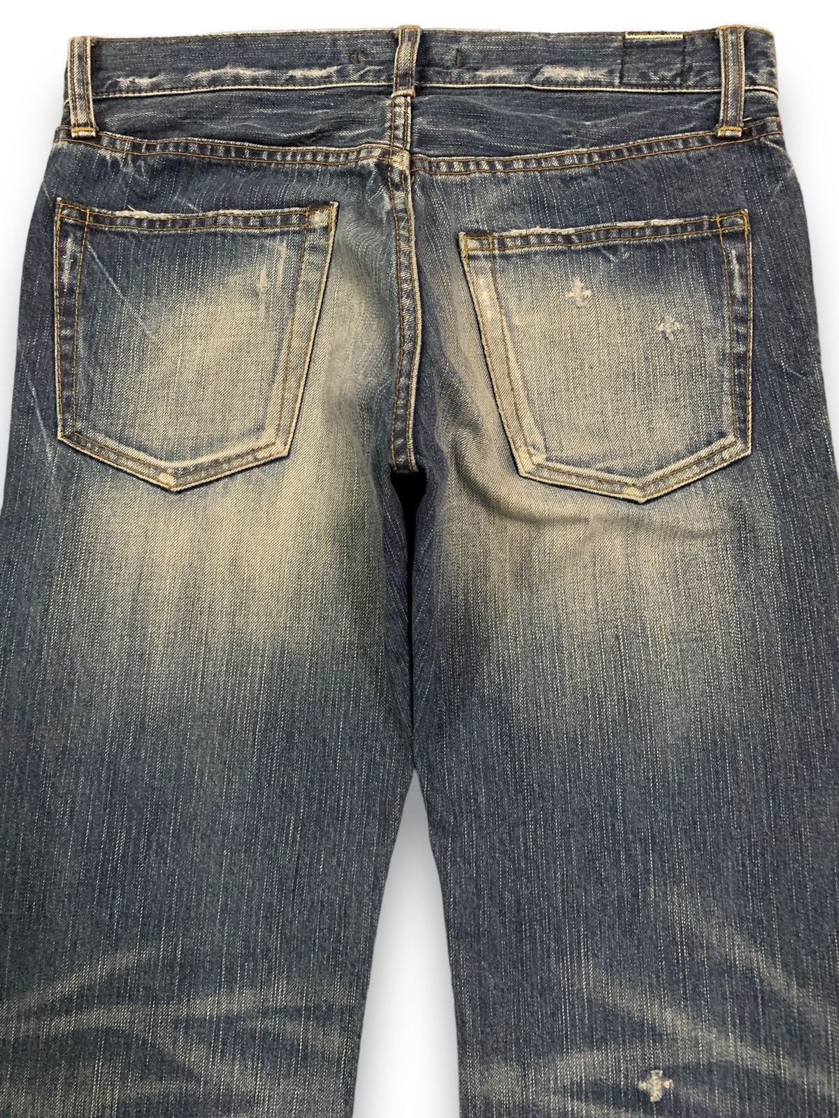 If Six Was Nine Japanese Blue Way Cracked Wash Cross Distressed Flare Jeans Size US 30 / EU 46 - 11 Thumbnail