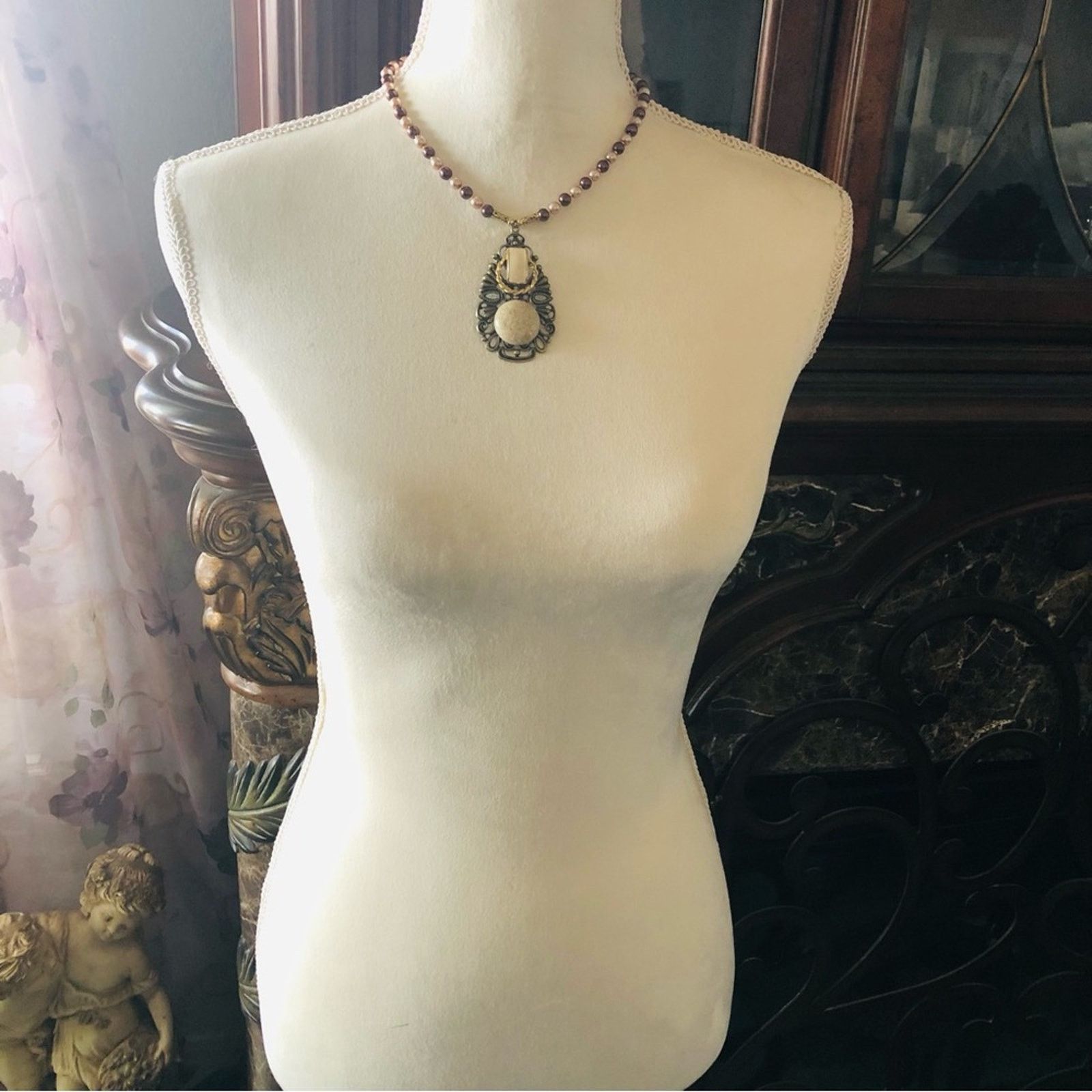 Handmade Handcrafted repurpose filigree pendant Czech Pearl necklace Size ONE SIZE - 7 Thumbnail