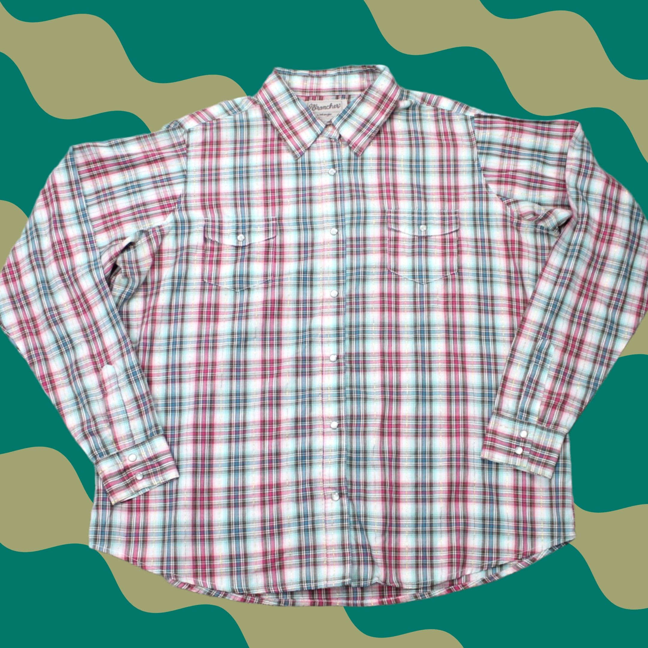 Wrangler Wrangler Wrancher Pearl Snap Shirt Mens 2XL Pink/Blue w/Gold Metallic Strip Size US XXL / EU 58 / 5 - 1 Thumbnail