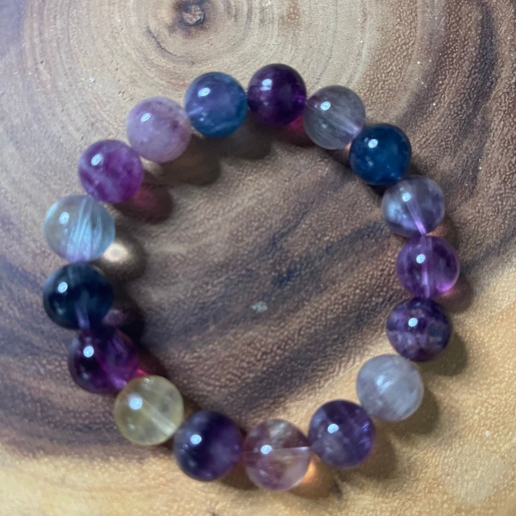 Other Fluorite bracelet striped layers rainbow colors stretch 12mm 7.5” natural crystal Size ONE SIZE - 1 Thumbnail