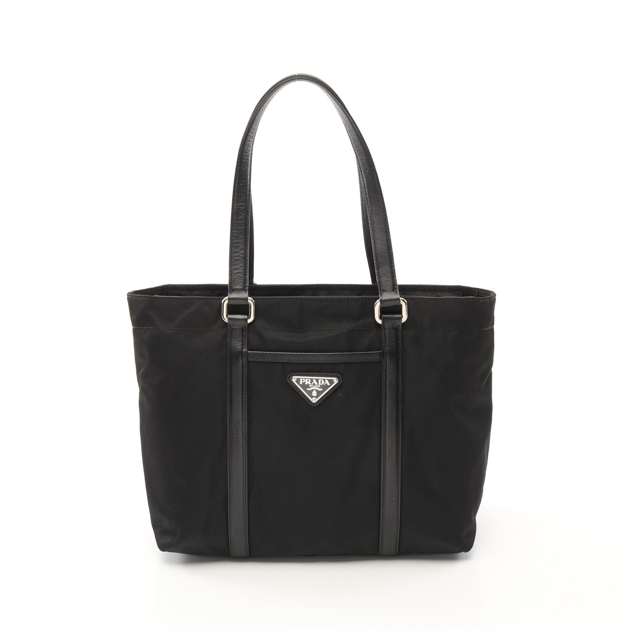 Prada Handbag Tote Bag Nylon Saffiano Leather Black Prada Logo Plate, Women's