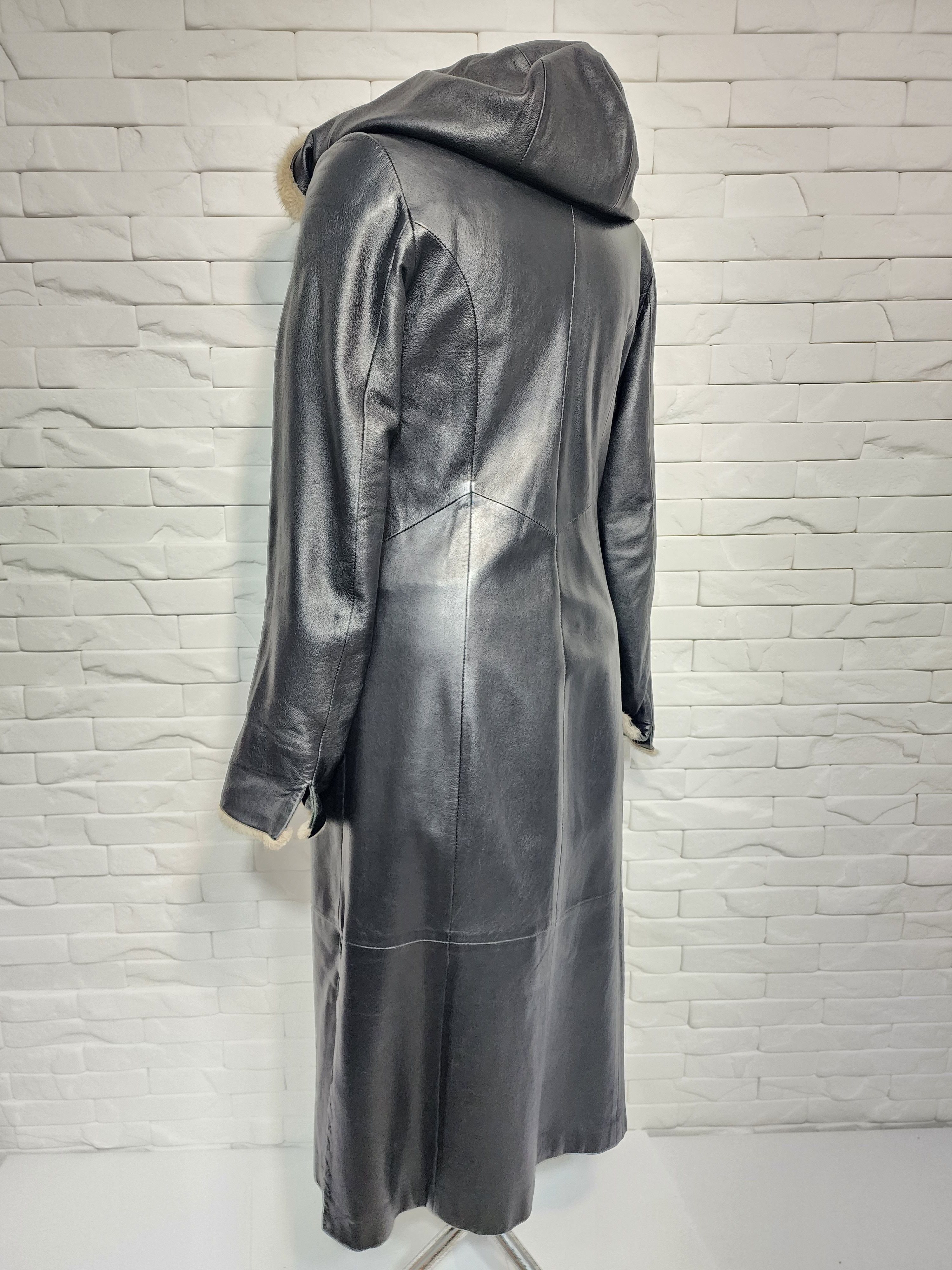 Genuine Leather Black Leather Long Jacket: Elegant Women's Coat With Hood Size M / US 6-8 / IT 42-44 - 5 Thumbnail