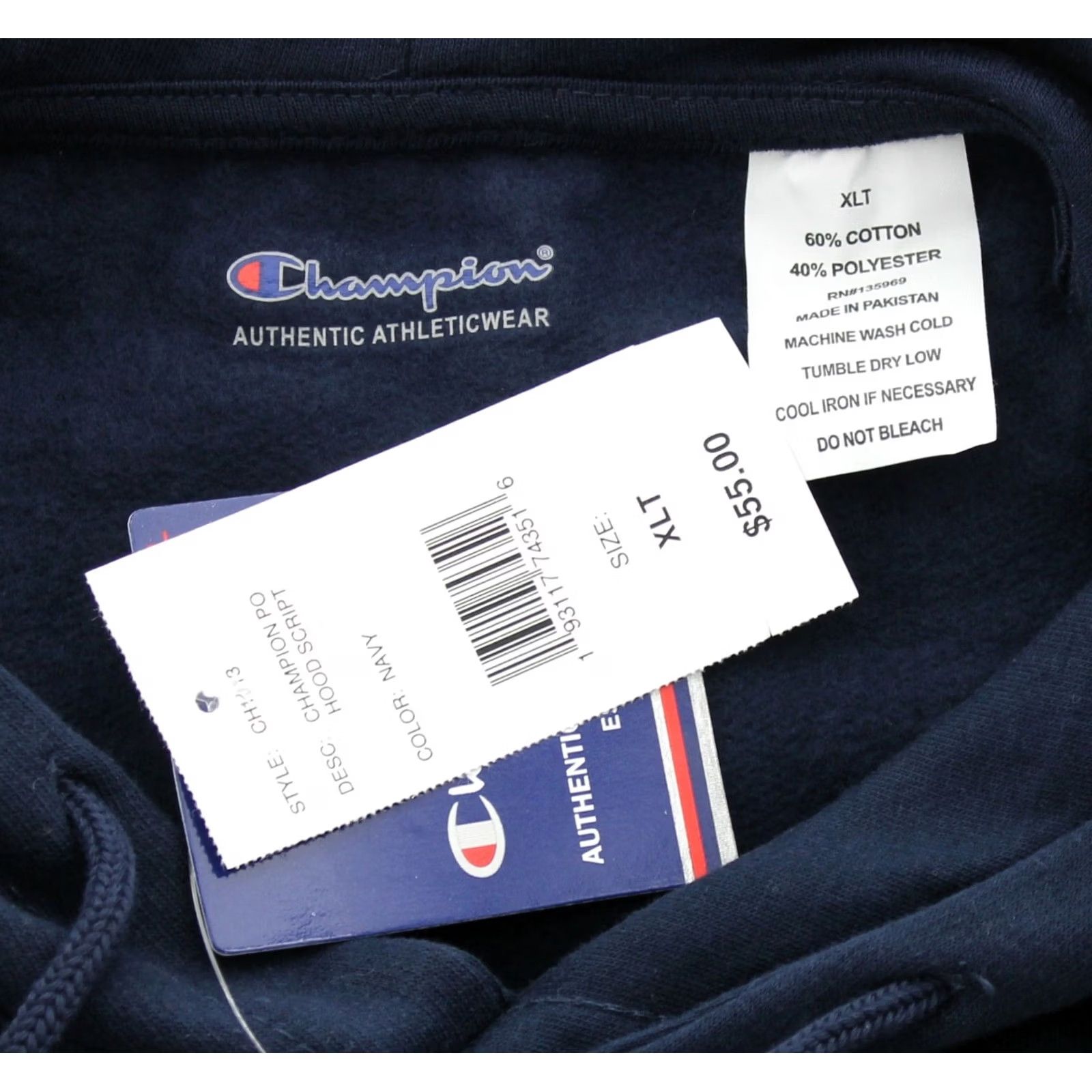Champion Champion Men's Script Hoodie Sweatshirt Big & Tall Pullover CH1013 Navy Crew Neck Long Sleeve Fleece Logo Graphic Print Gym Wear Men XLt Boys Mens Size US XL / EU 56 / 4 - 3 Thumbnail