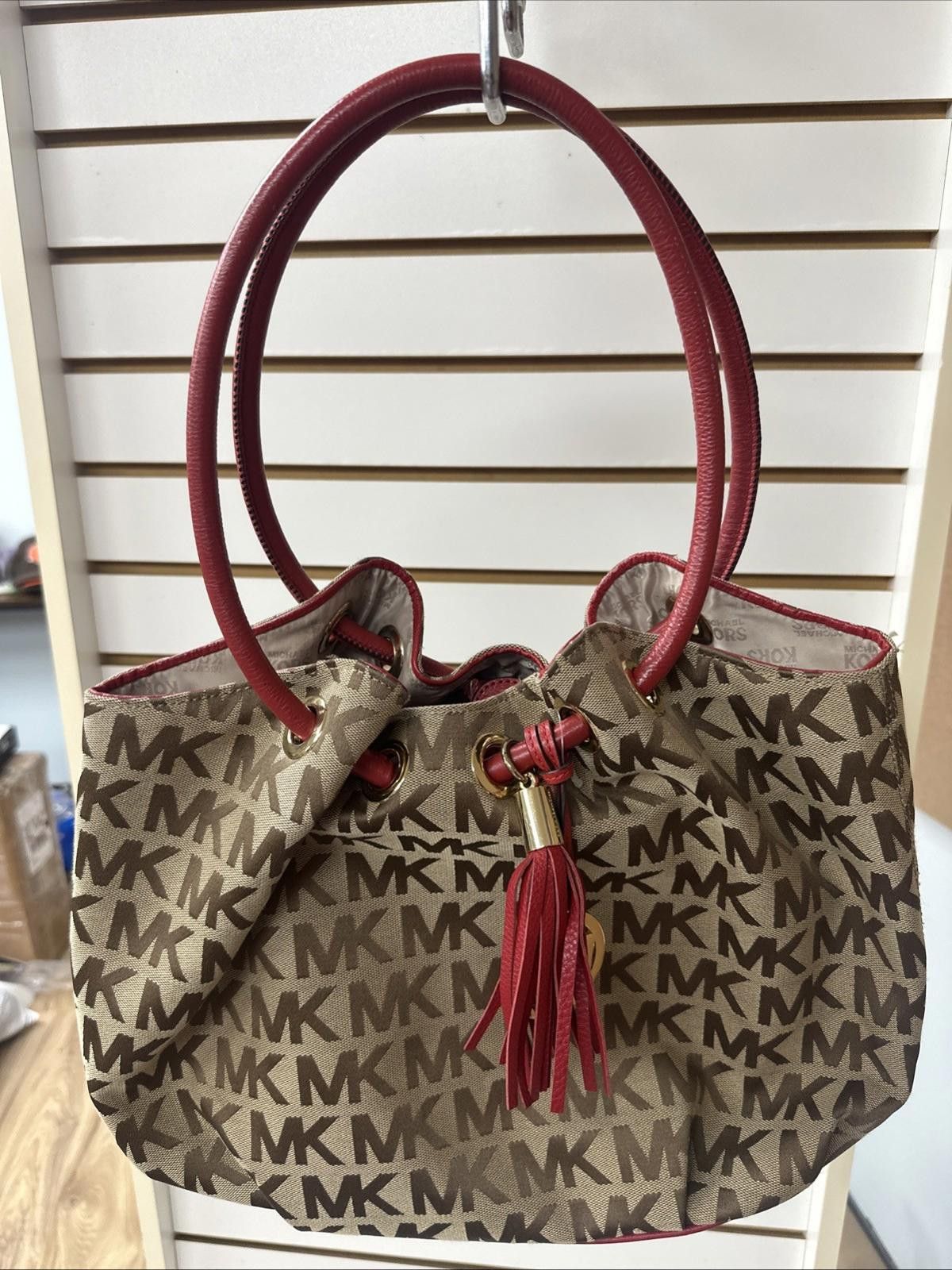 Michael Kors Michael Kors Canvas Logo Red Double Leather Handle Purse Size ONE SIZE - 2 Thumbnail