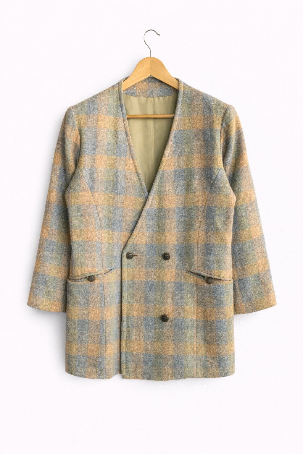 Japanese Brand Vintage Wool Plaid Blazer Jacket | Pastel Check Double Coat Size M / US 6-8 / IT 42-44 - 1 Thumbnail