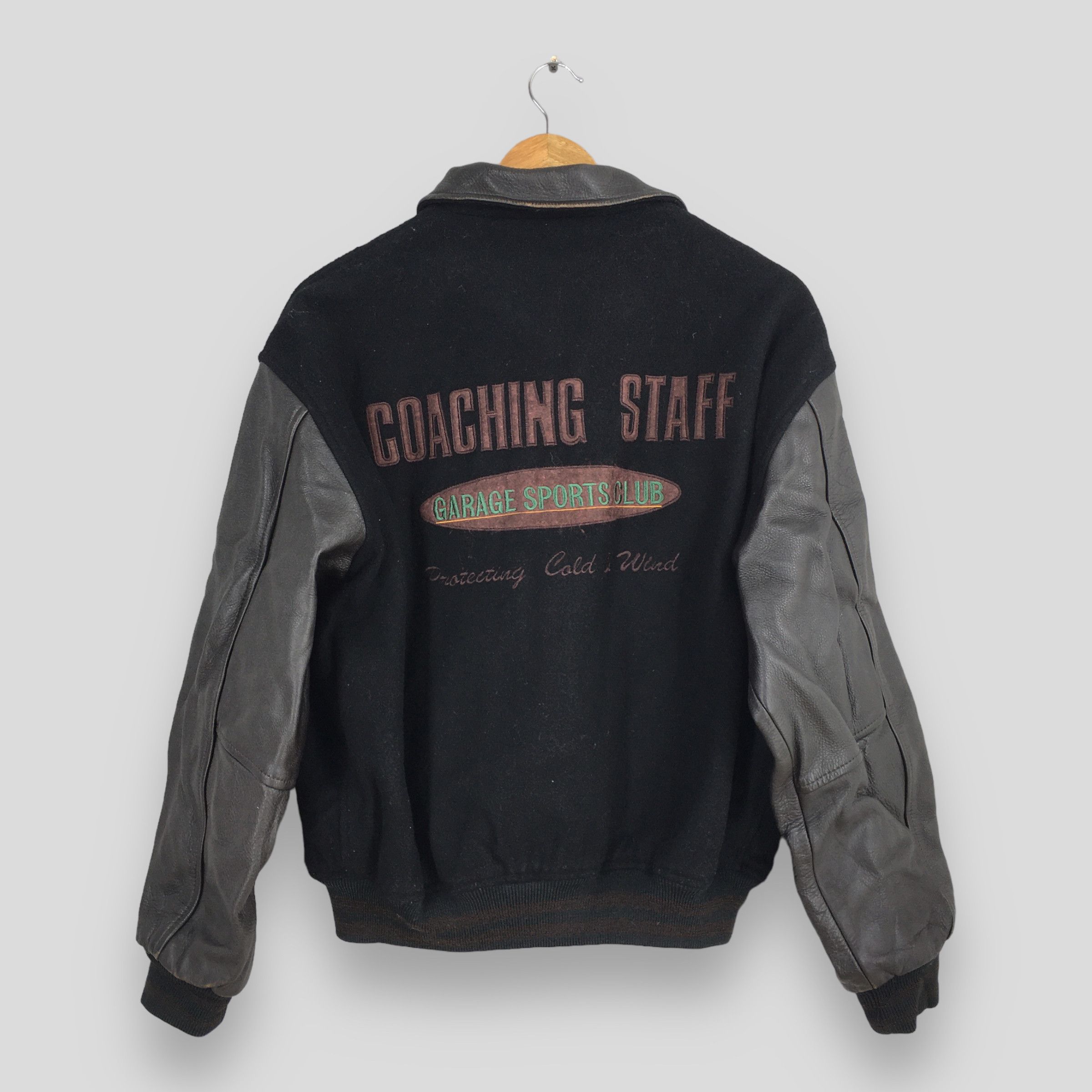 image of 80's Garage Sports Club Wool Varsity Jacket Large in Black, Men's