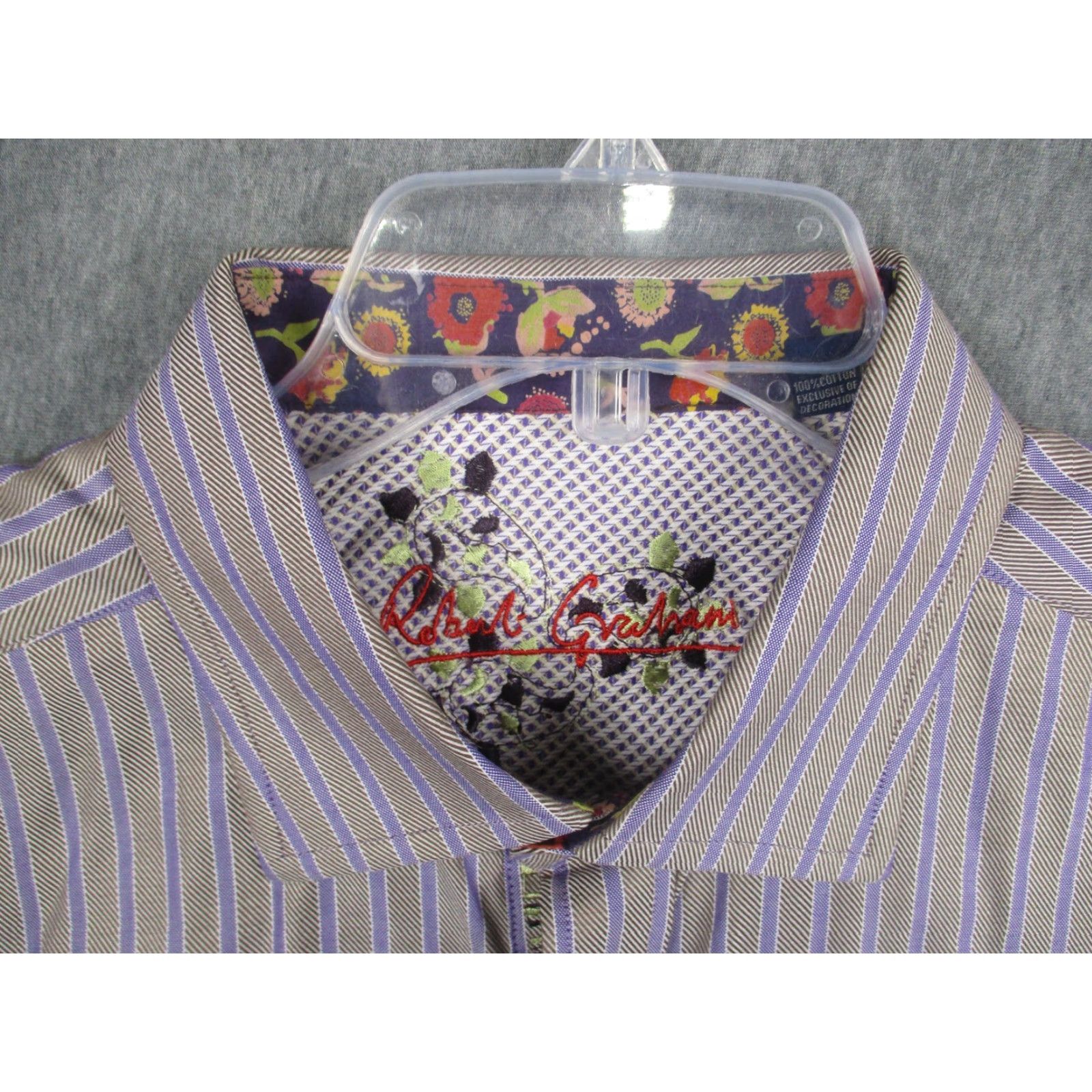 Robert Graham Robert Graham Shirt Mens 2XL Purple Striped Button Down Contrast Floral Cuffs Size US XXL / EU 58 / 5 - 2 Thumbnail